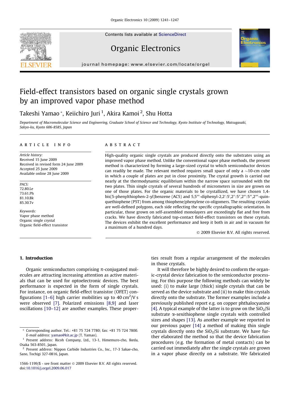 Field-effect transistors based on organic single crystals grown by an improved vapor phase method by Takeshi Yamao; Keiichiro Juri; Akira Kamoi; Shu Hotta