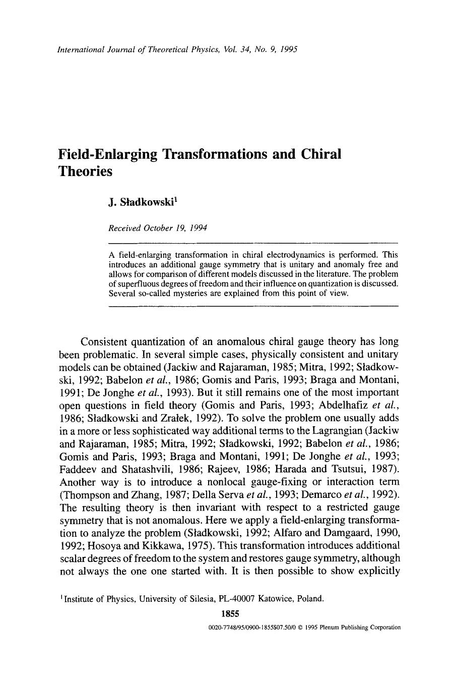 Field-enlarging transformations and chiral theories by Unknown