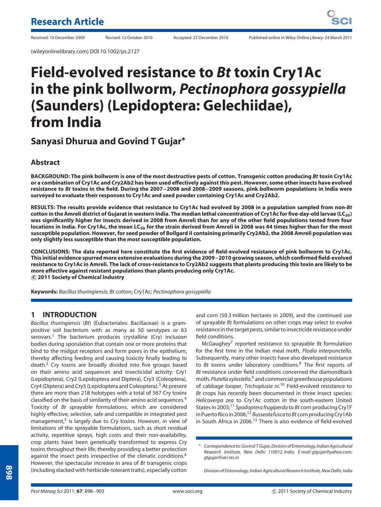 Fieldevolved resistance to Bt toxin Cry1Ac in the pink bollworm, Pectinophora gossypiella (Saunders) (Lepidoptera: Gelechiidae), from India by Unknown