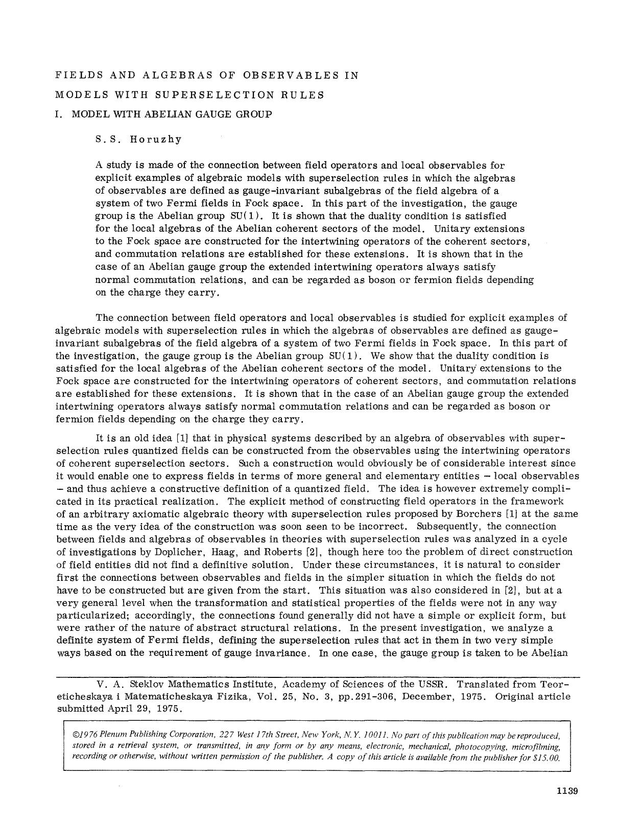 Fields and algebras of observables in models with superselection rules by Unknown