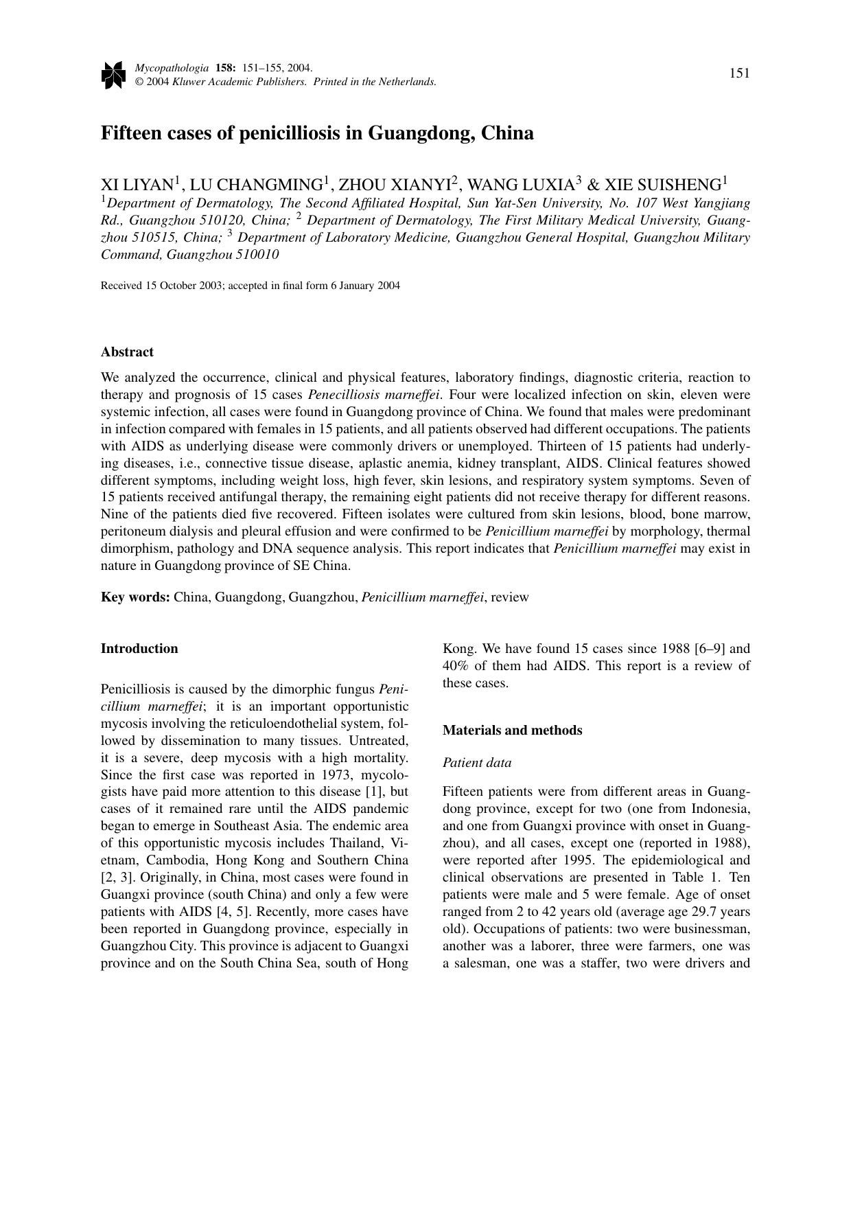 Fifteen Cases of Penicilliosis in Guangdong, China by Unknown