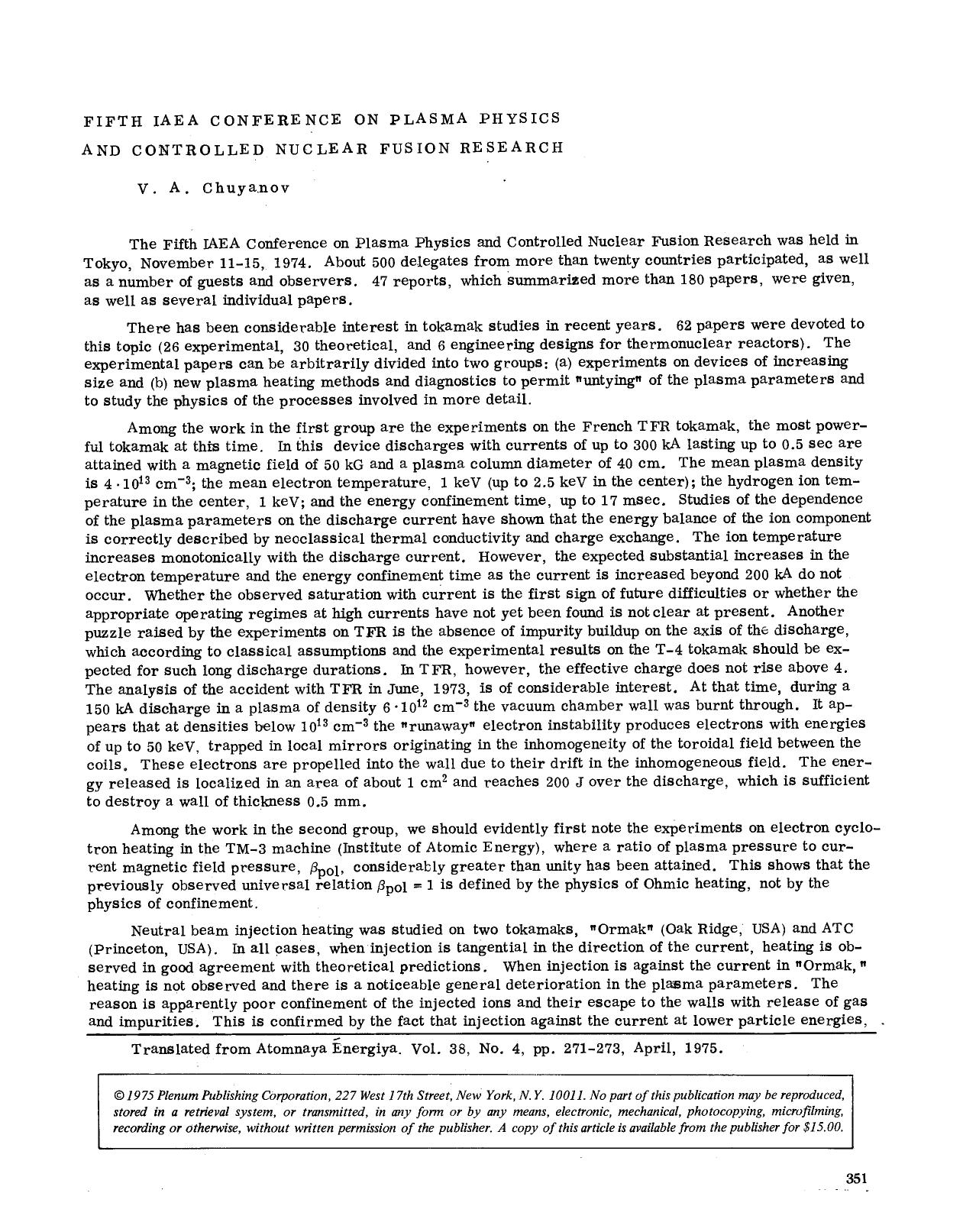 Fifth IAEA Conference on Plasma Physics and Controlled Nuclear Fusion Research by Unknown