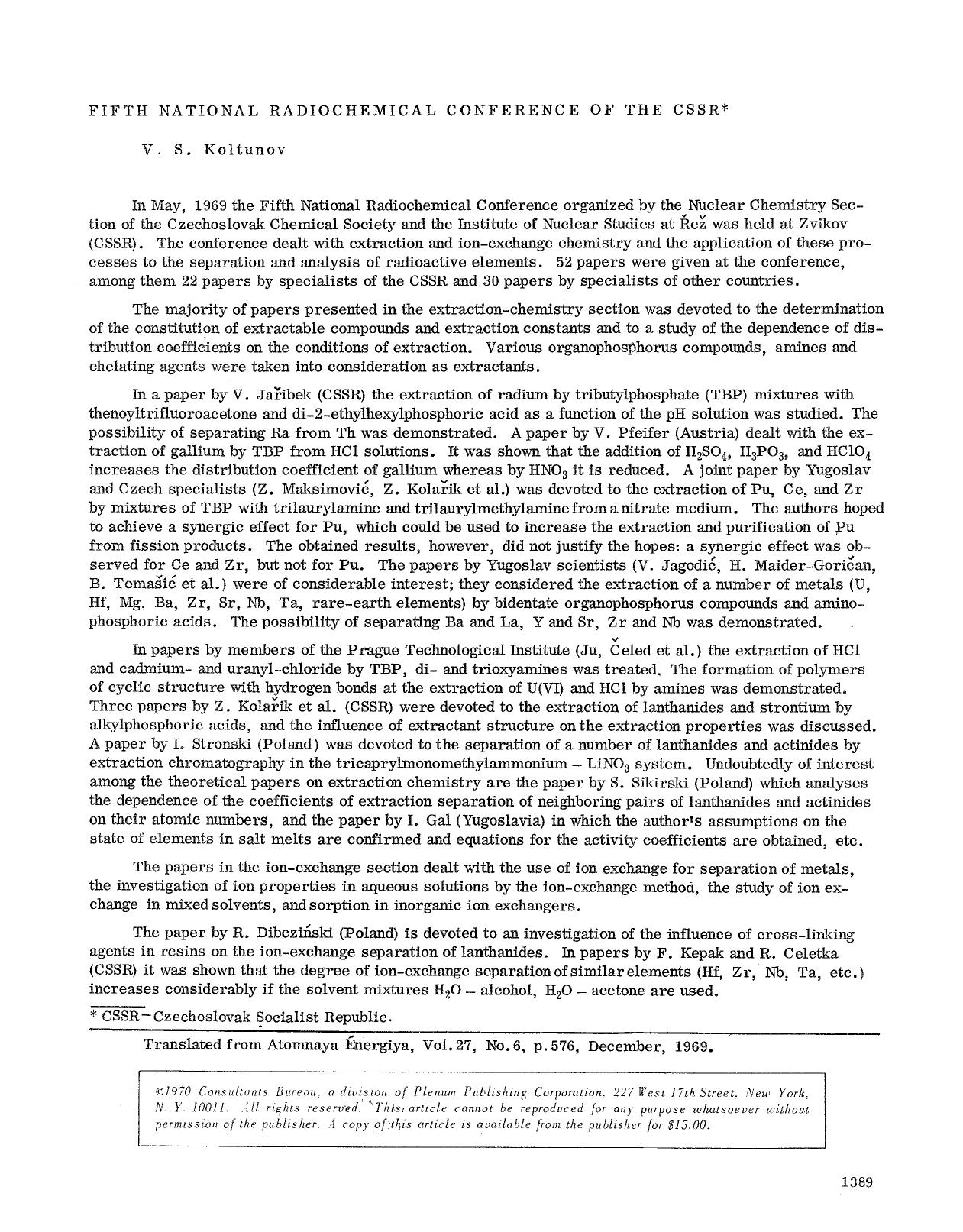 Fifth National Radiochemical Conference of the CSSR by Unknown