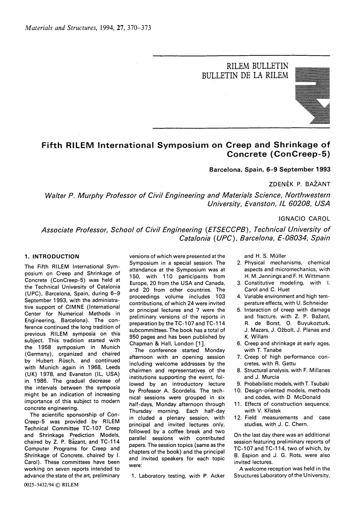 Fifth RILEM International Symposium on Creep and Shrinkage of Concrete (ConCreep-5) by Unknown