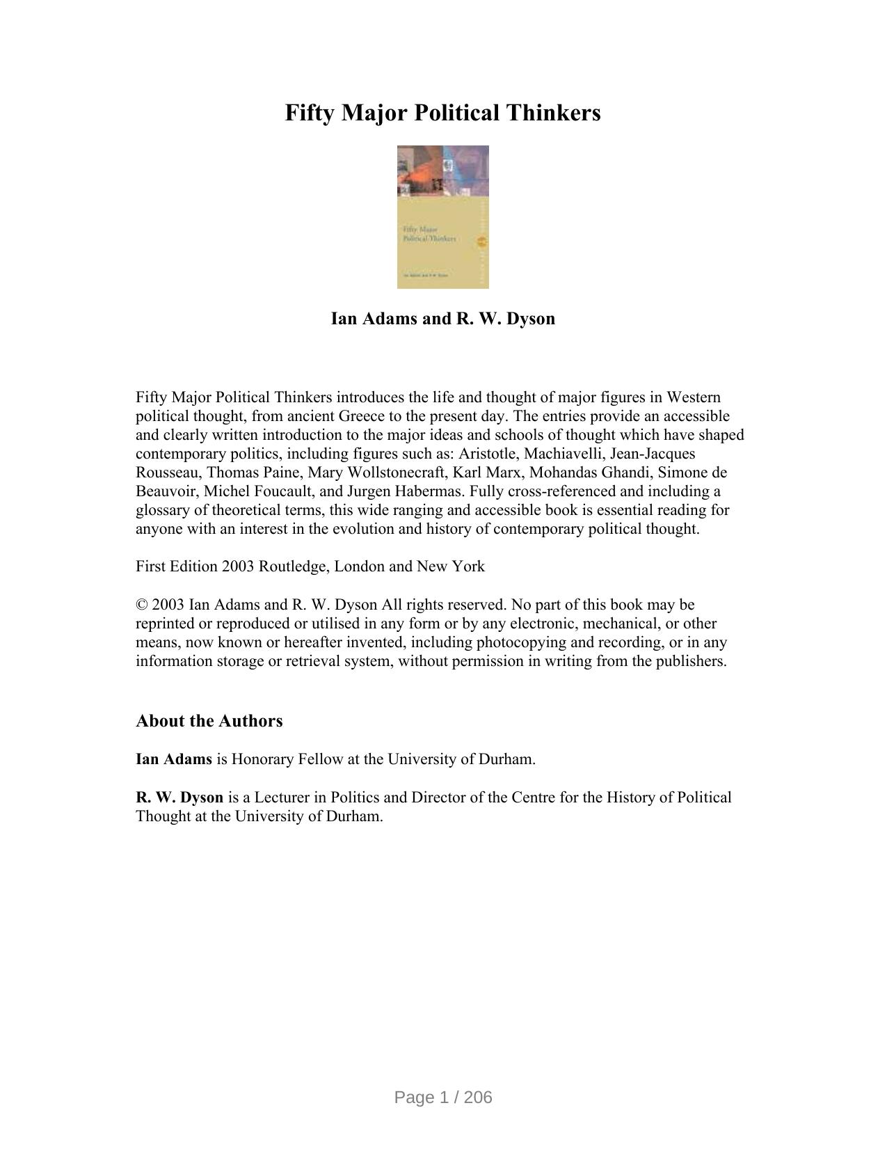 Fifty Major Political Thinkers by Ian Adams R.W. Dyson