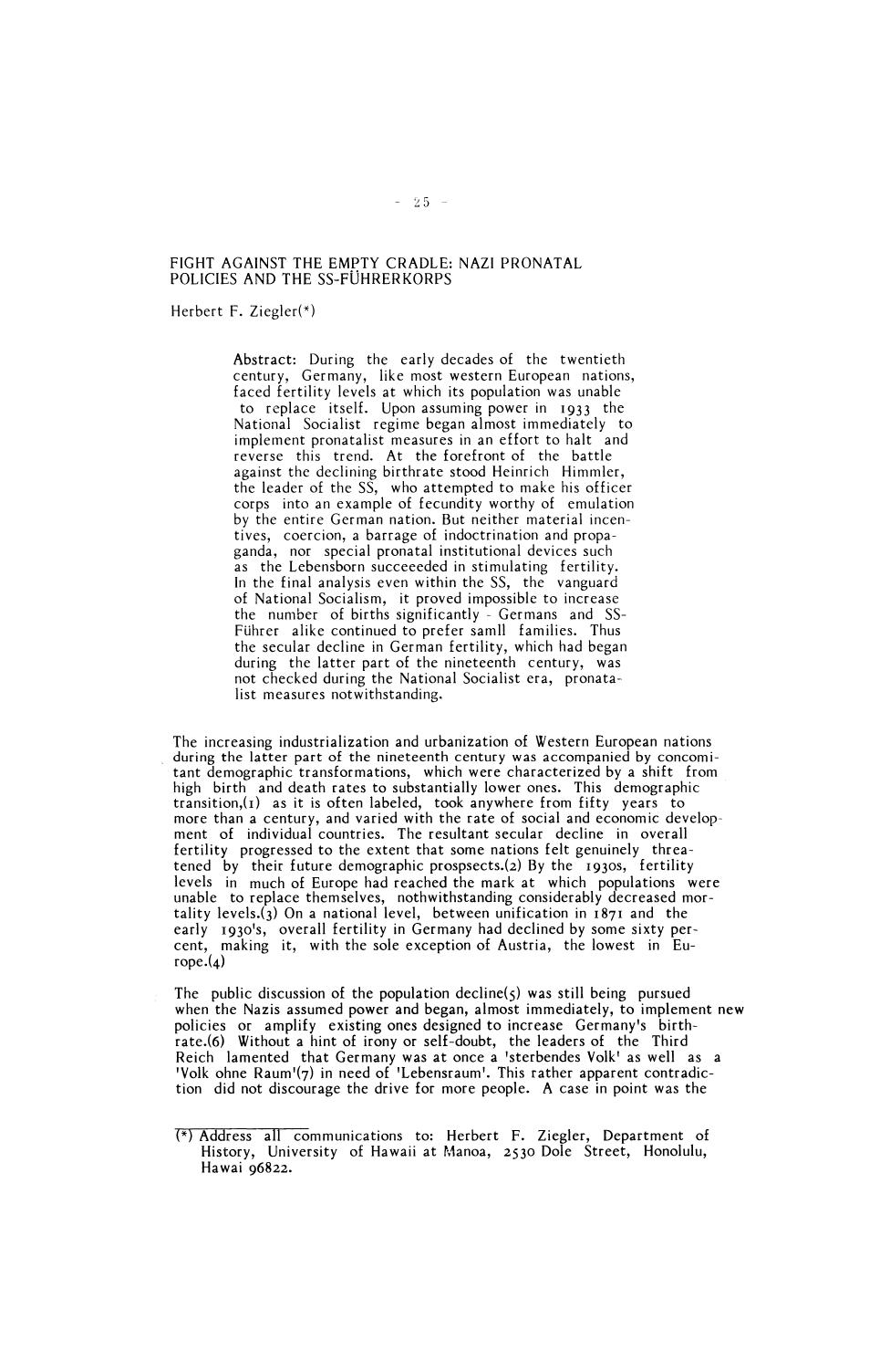 Fight Against the Empty Cradle; Nazi Pronatal Policies and the SS-FÃ¼hrerkorps by Unknown