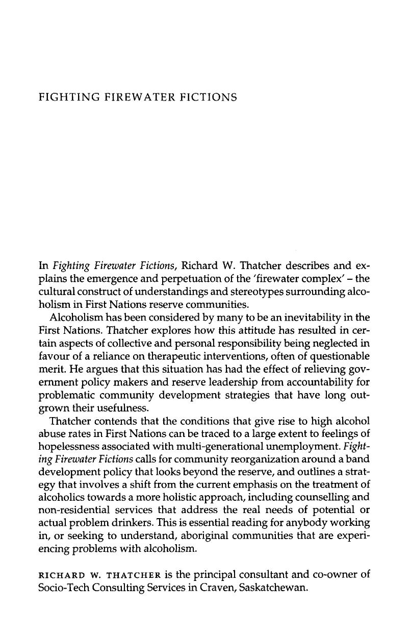 Fighting Firewater Fictions: Moving Beyond the Disease Model of Alcoholism in First Nations by Richard W. Thatcher