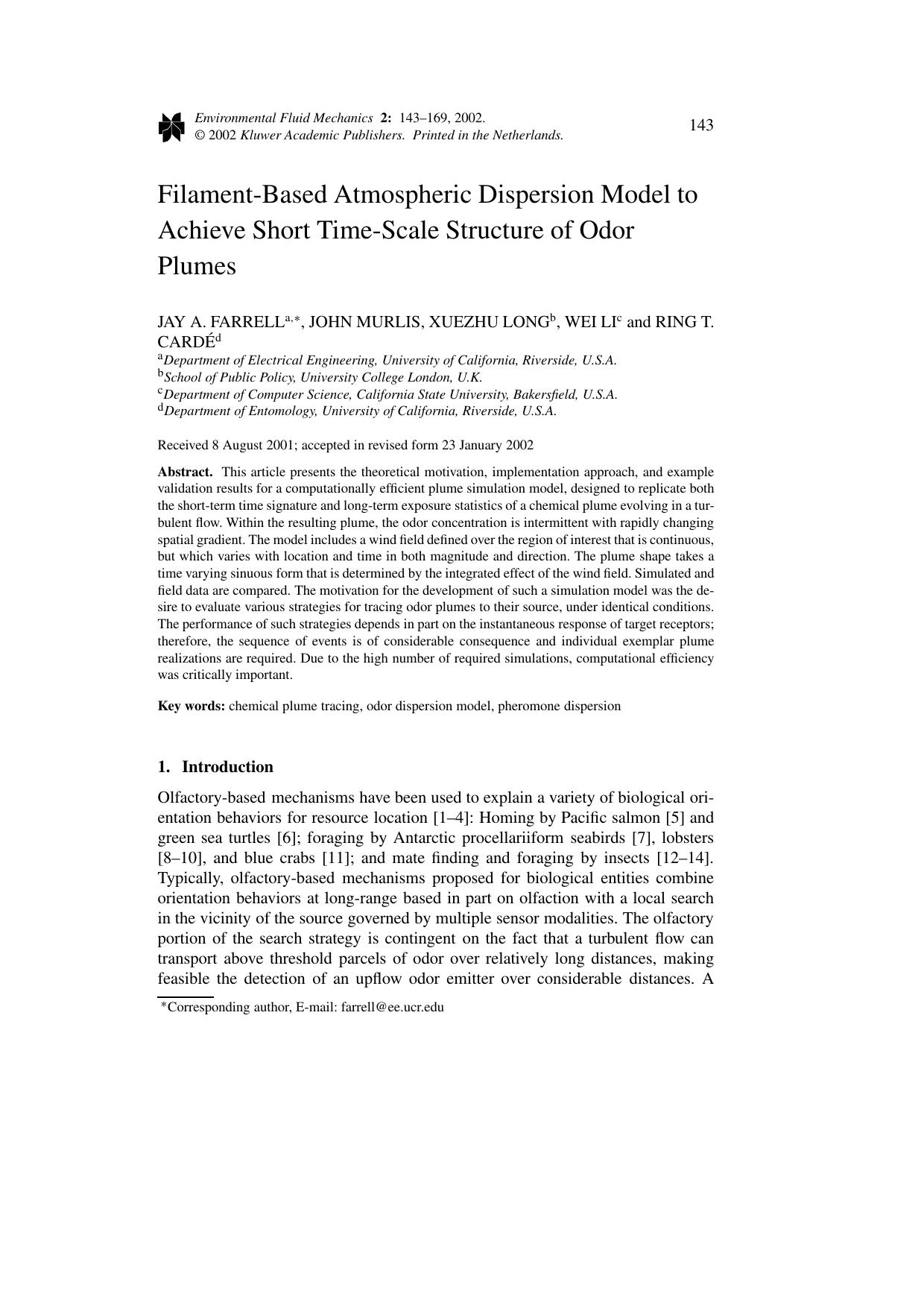 Filament-Based Atmospheric Dispersion Model to Achieve Short Time-Scale Structure of Odor Plumes by Unknown