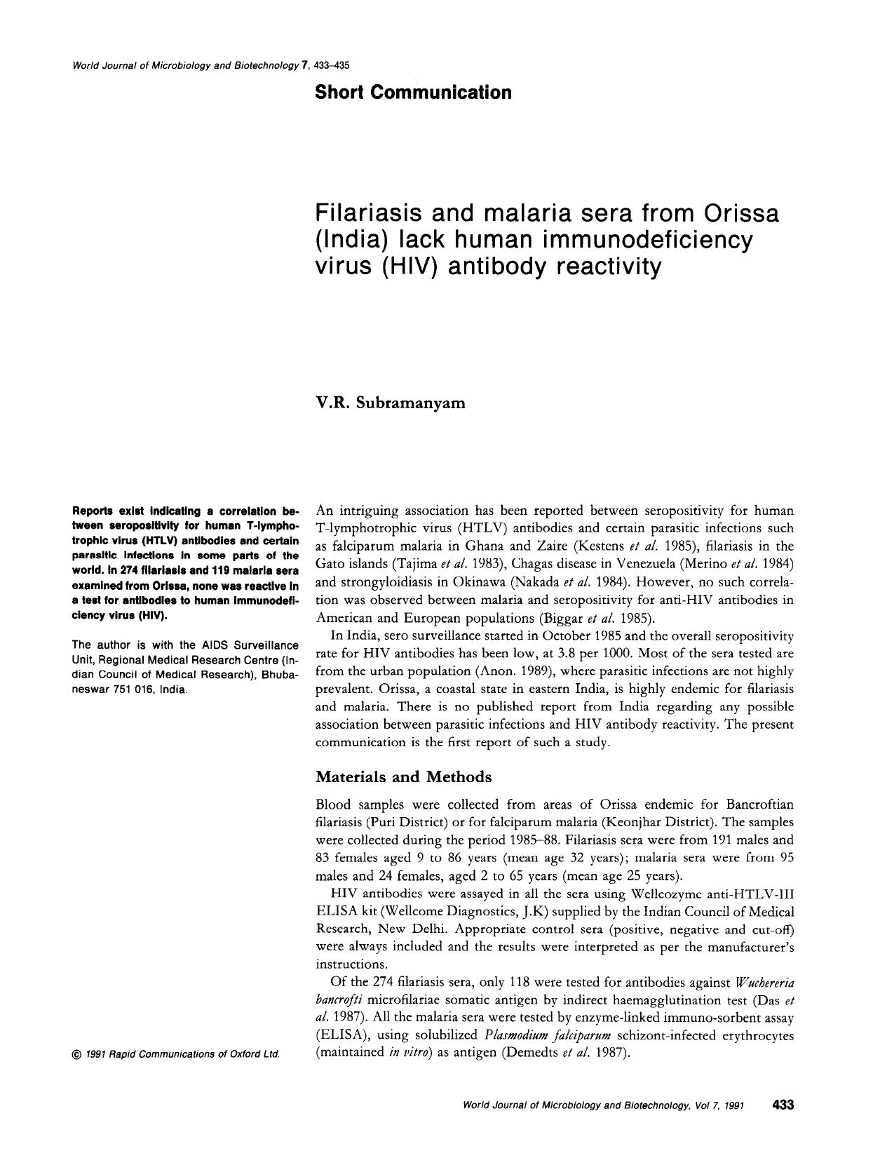 Filariasis and malaria sera from Orissa (India) lack human immunodeficiency virus (HIV) antibody reactivity by Unknown