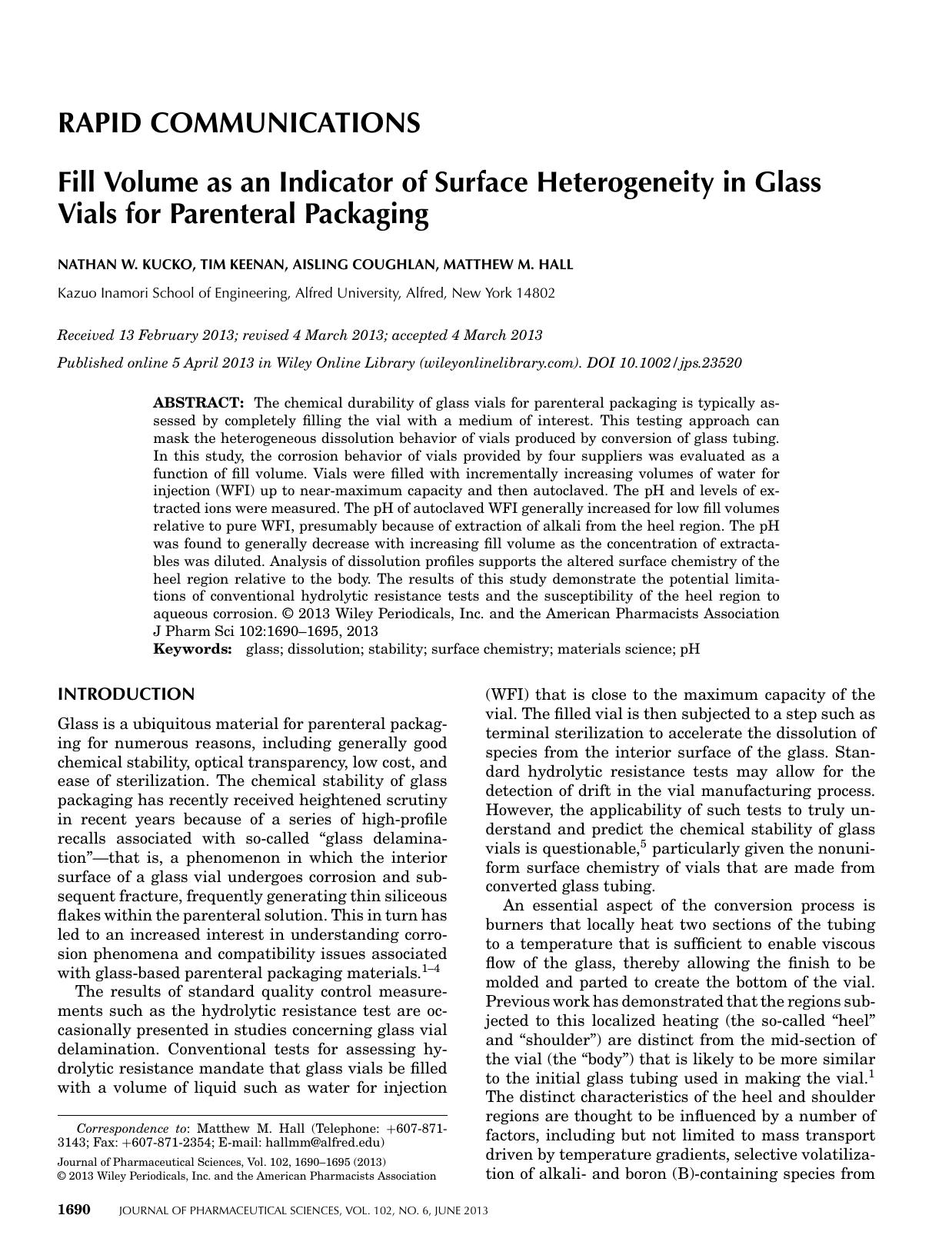 Fill volume as an indicator of surface heterogeneity in glass vials for parenteral packaging by Unknown