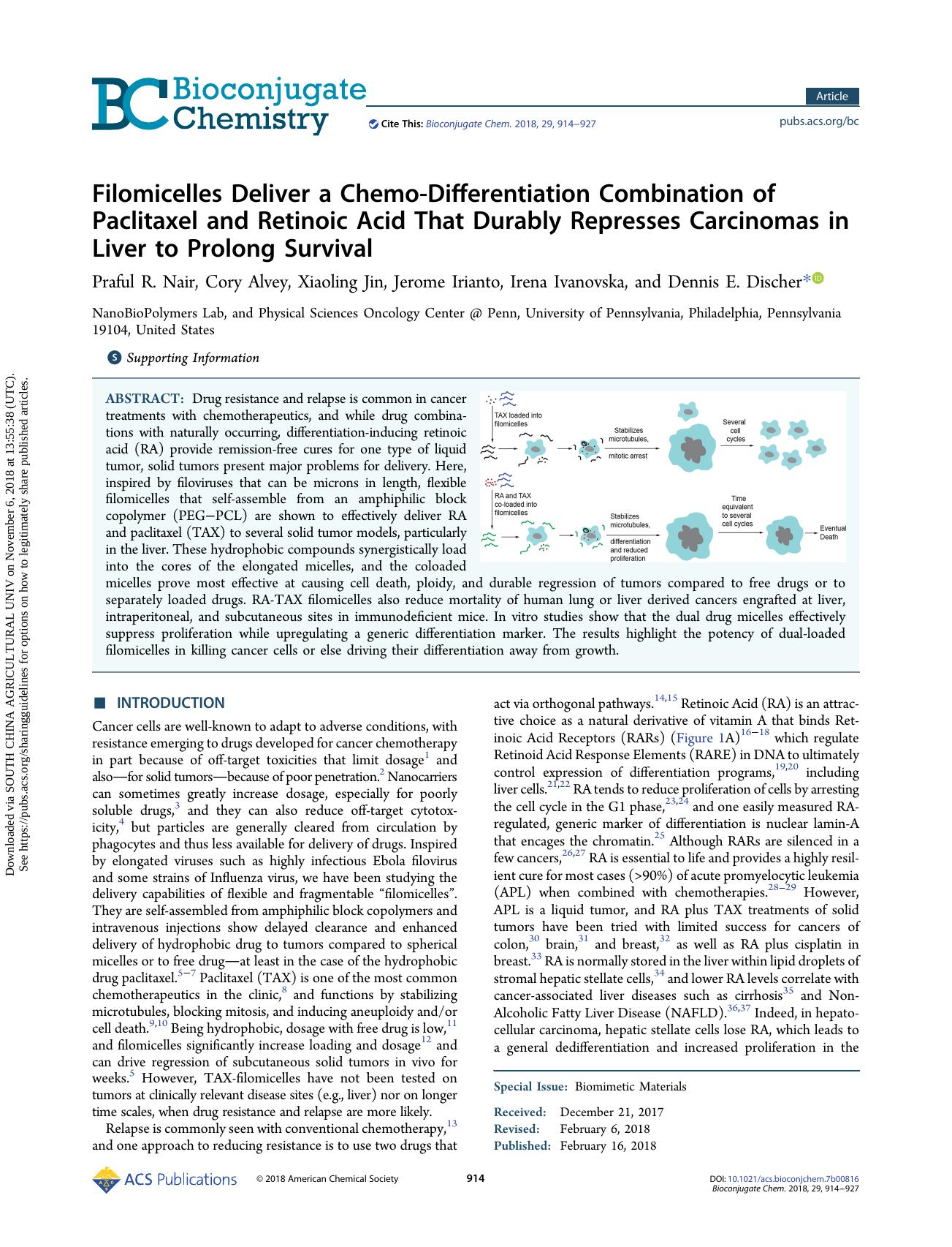 Filomicelles Deliver a Chemo-Differentiation Combination of Paclitaxel and Retinoic Acid That Durably Represses Carcinomas in Liver to Prolong Survival by Praful R. Nair Cory Alvey Xiaoling Jin Jerome Irianto Irena Ivanovska & Dennis E. Discher
