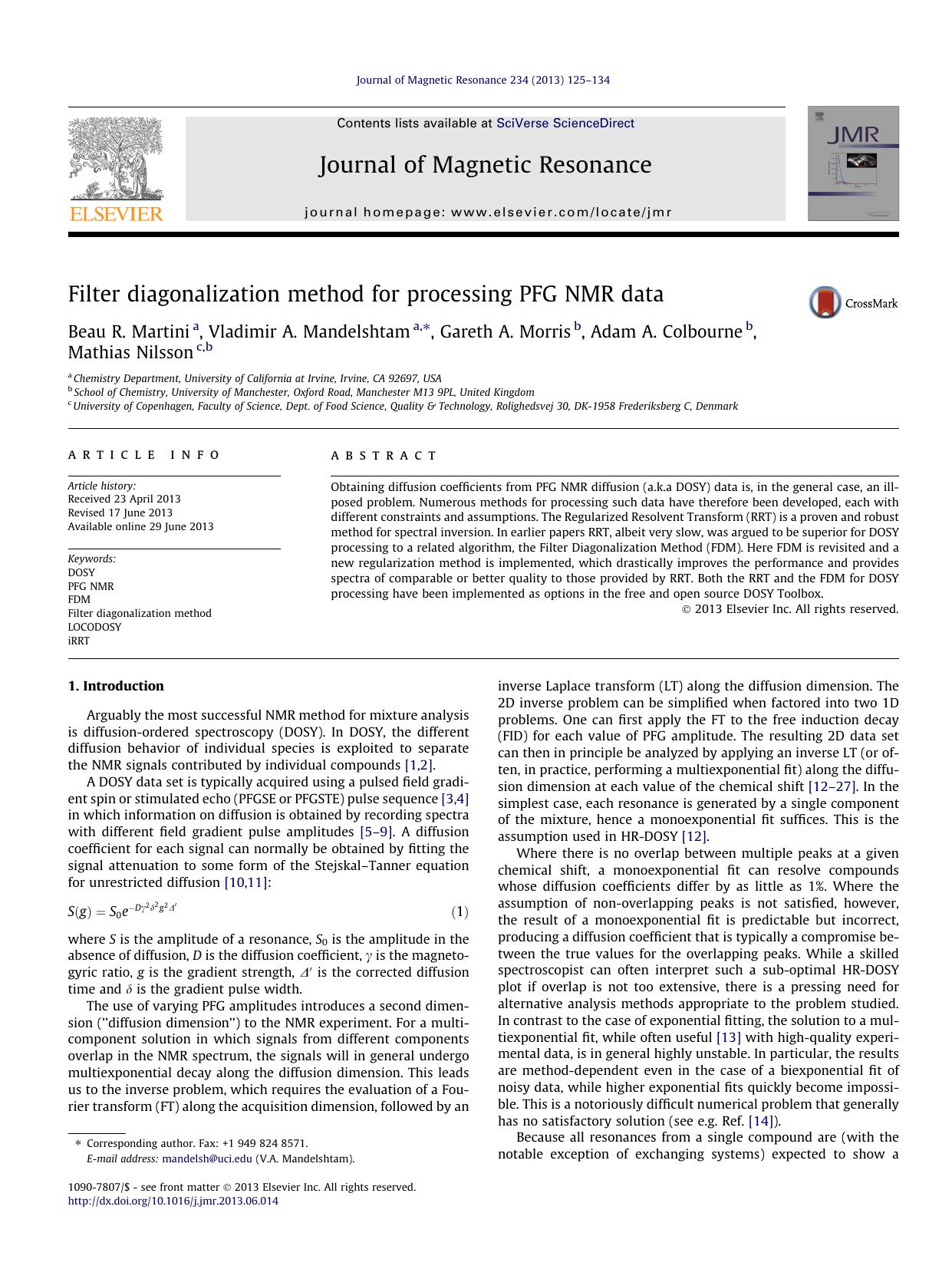 Filter diagonalization method for processing PFG NMR data by Beau R. Martini & Vladimir A. Mandelshtam & Gareth A. Morris & Adam A. Colbourne & Mathias Nilsson