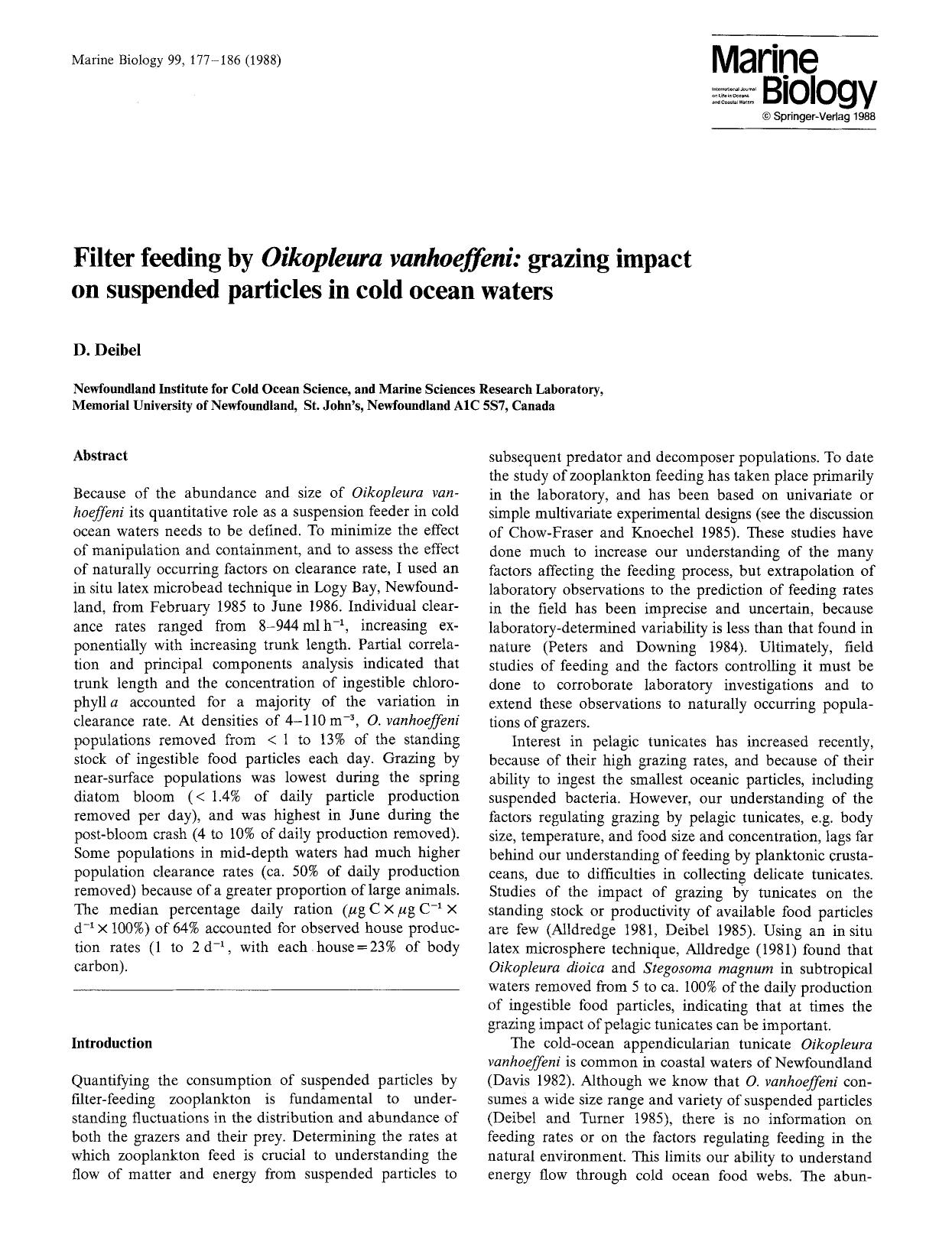 Filter feeding by <Emphasis Type="Italic">Oikopleura vanhoeffeni<Emphasis>: grazing impact on suspended particles in cold ocean waters by Unknown