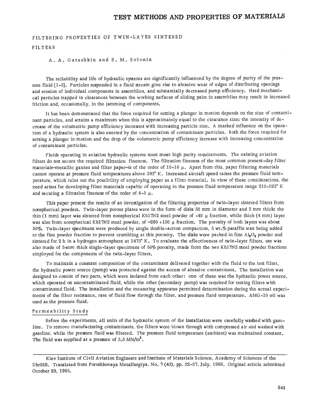 Filtering properties of twin-layer sintered filters by Unknown