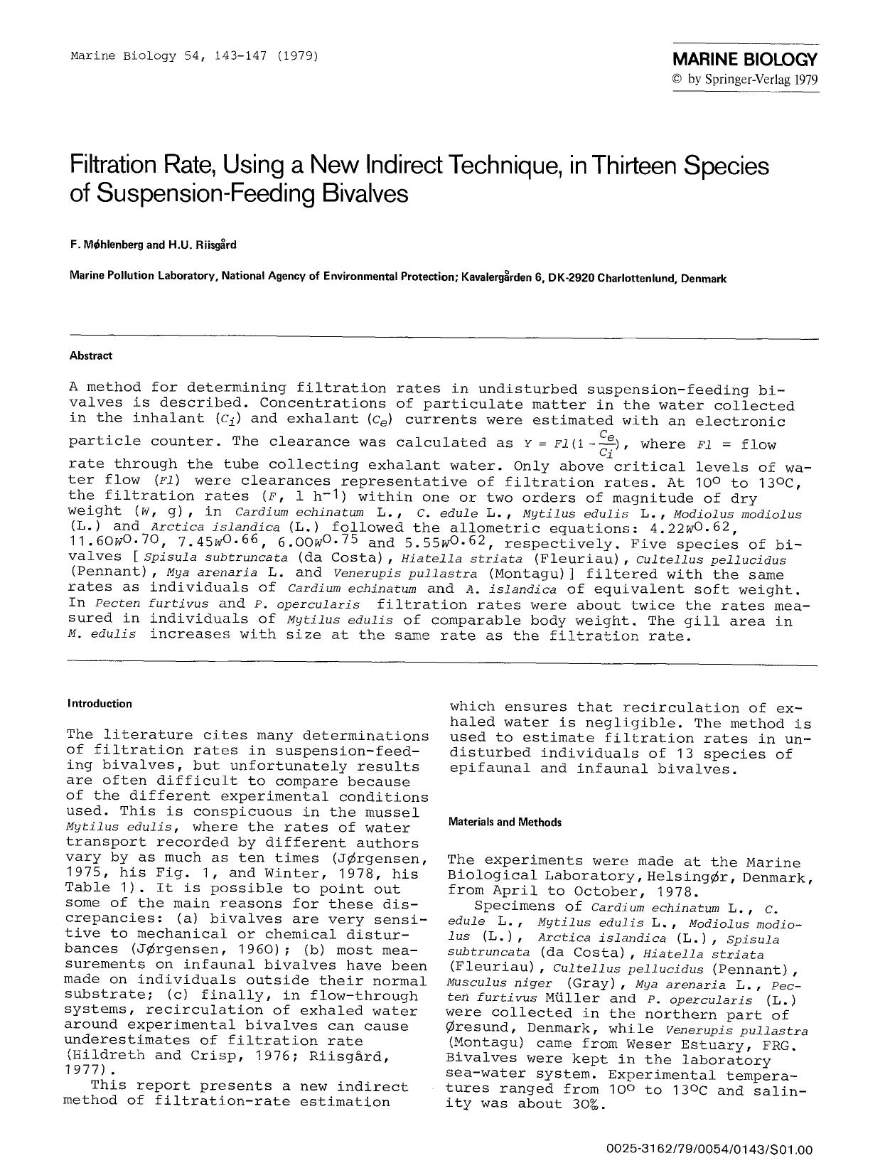 Filtration rate, using a new indirect technique, in thirteen species of suspension-feeding bivalves by Unknown