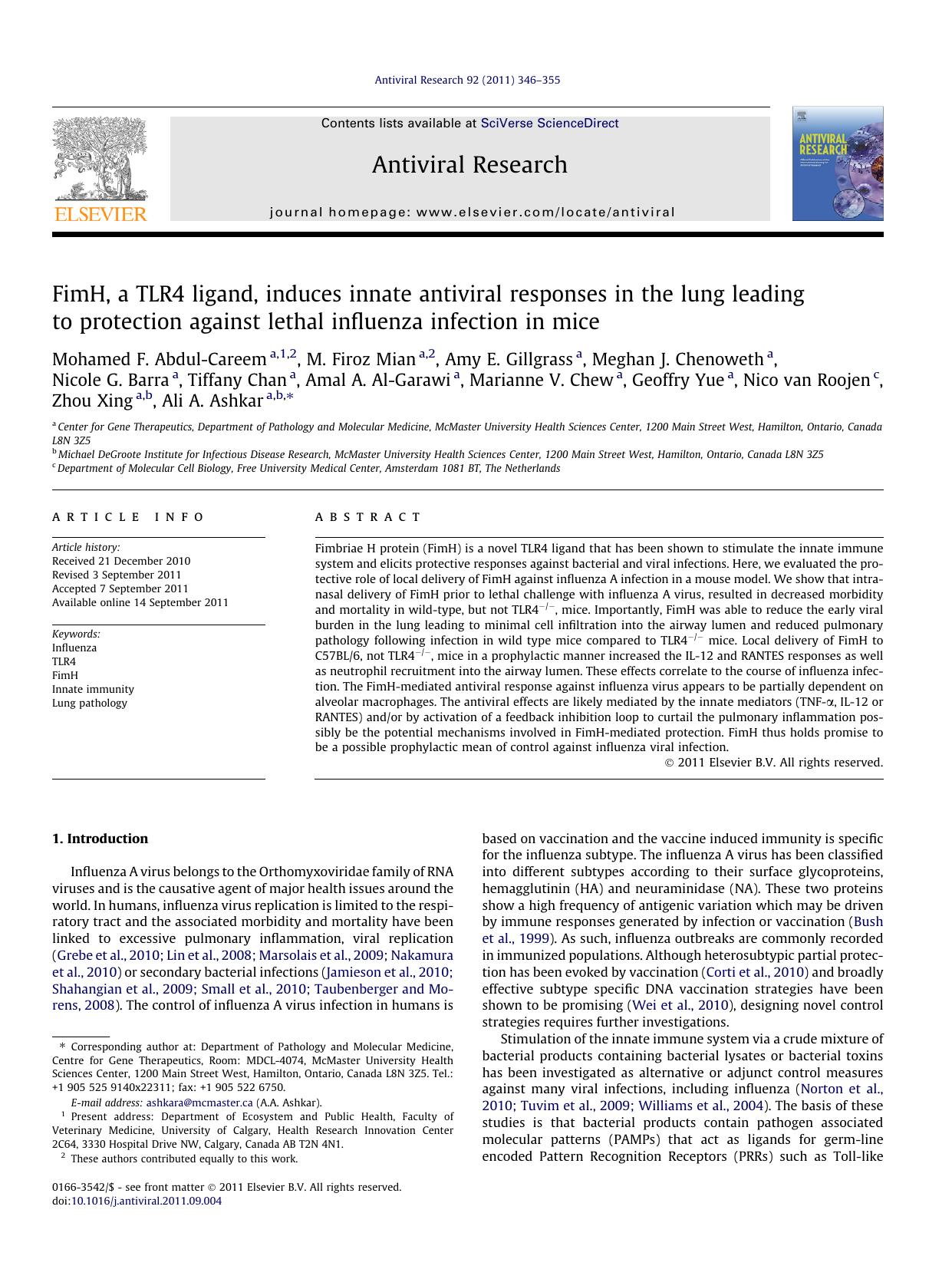 FimH, a TLR4 ligand, induces innate antiviral responses in the lung leading to protection against lethal influenza infection in mice by unknow