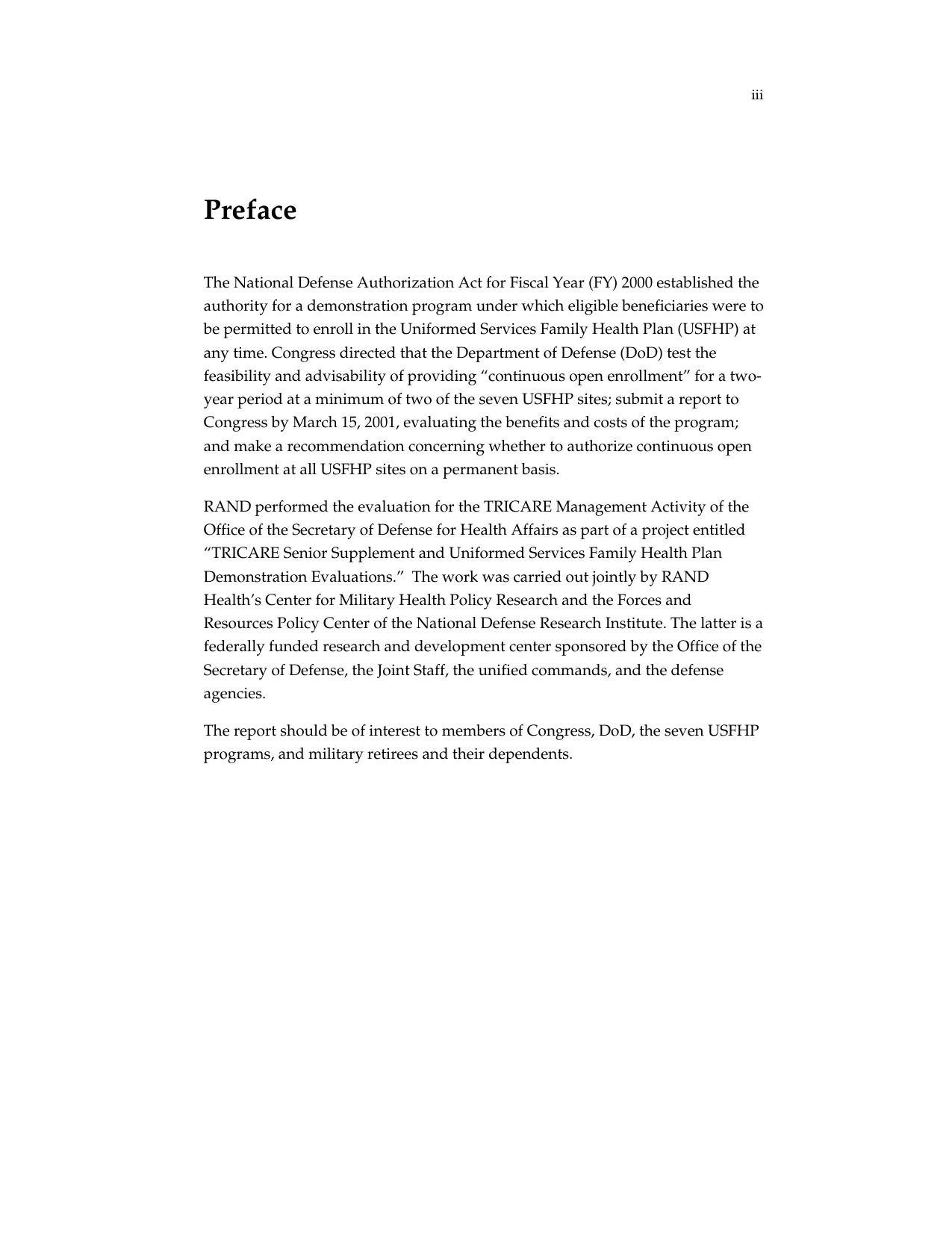 Final Evaluation Report for Uniformed Services Family Health Plan Continuous Open Enrollment by Michael Shoenbaum