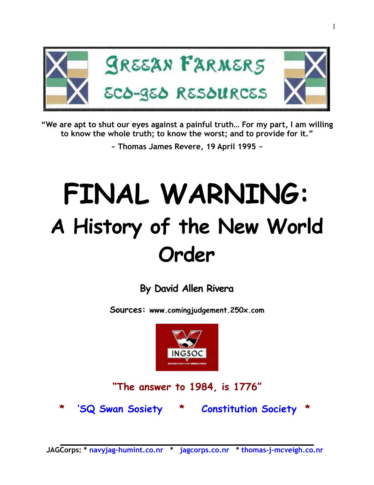 Final Warning History of New World Order by David Allen Rivera by Bob Rohn