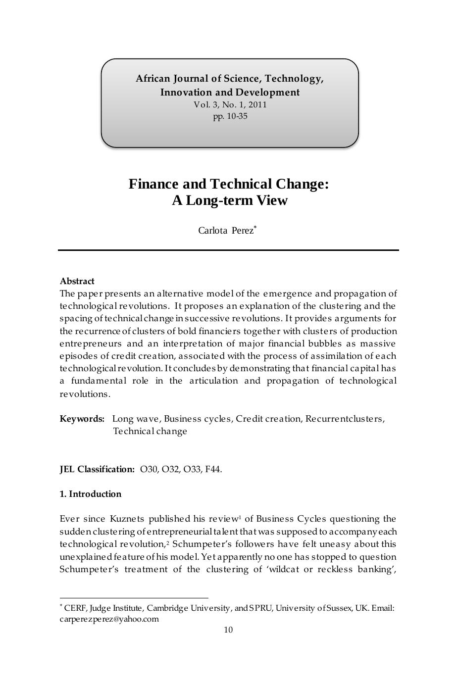 Finance and Technical Change: A Long-term View by Perez Carlota