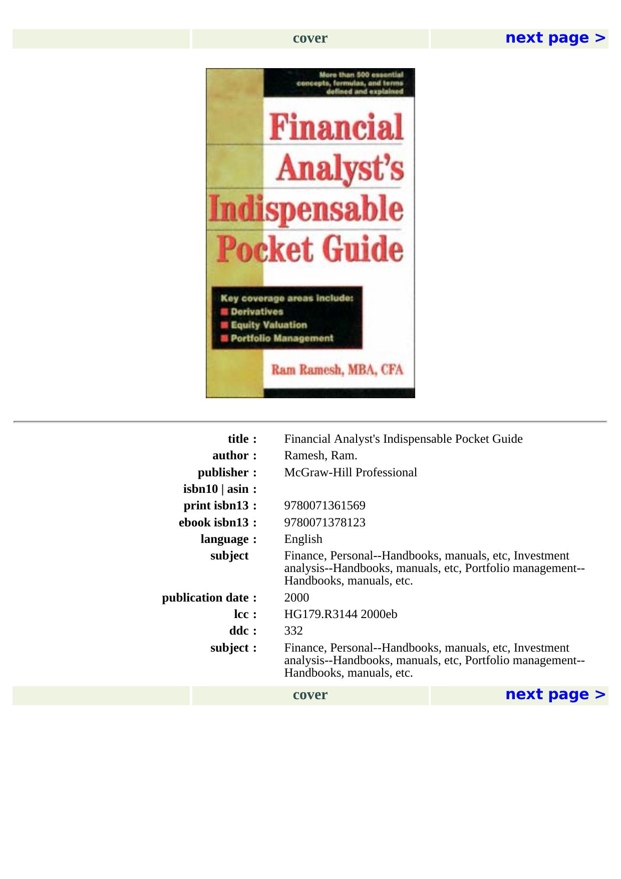 Financial Analyst's Indispensable Pocket Guide by Ram Ramesh