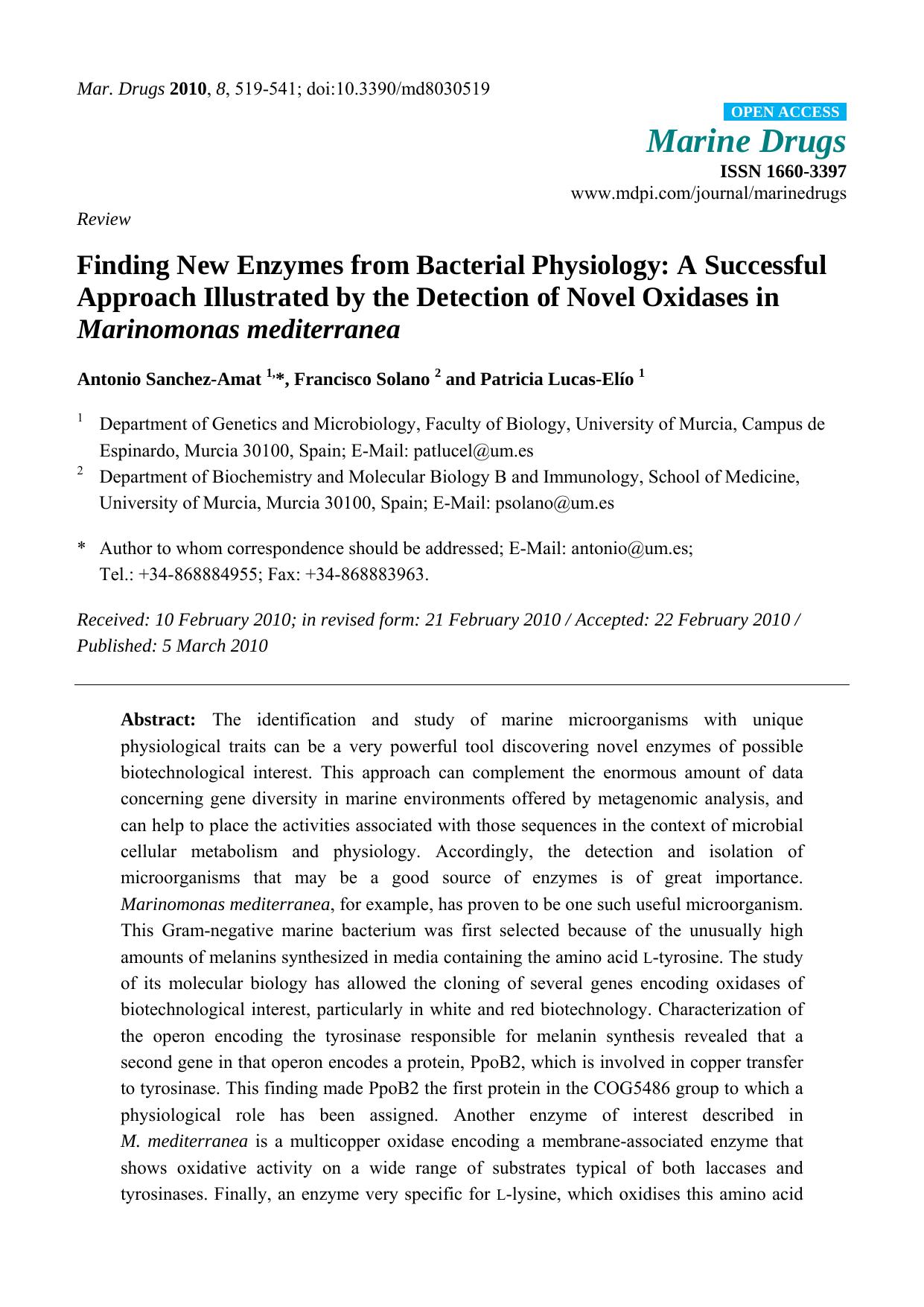 Finding New Enzymes from Bacterial Physiology: A Successful Approach Illustrated by the Detection of Novel Oxidases in Marinomonas mediterranea by Antonio Sanchez-Amat & Francisco Solano & Patricia Lucas-Elío