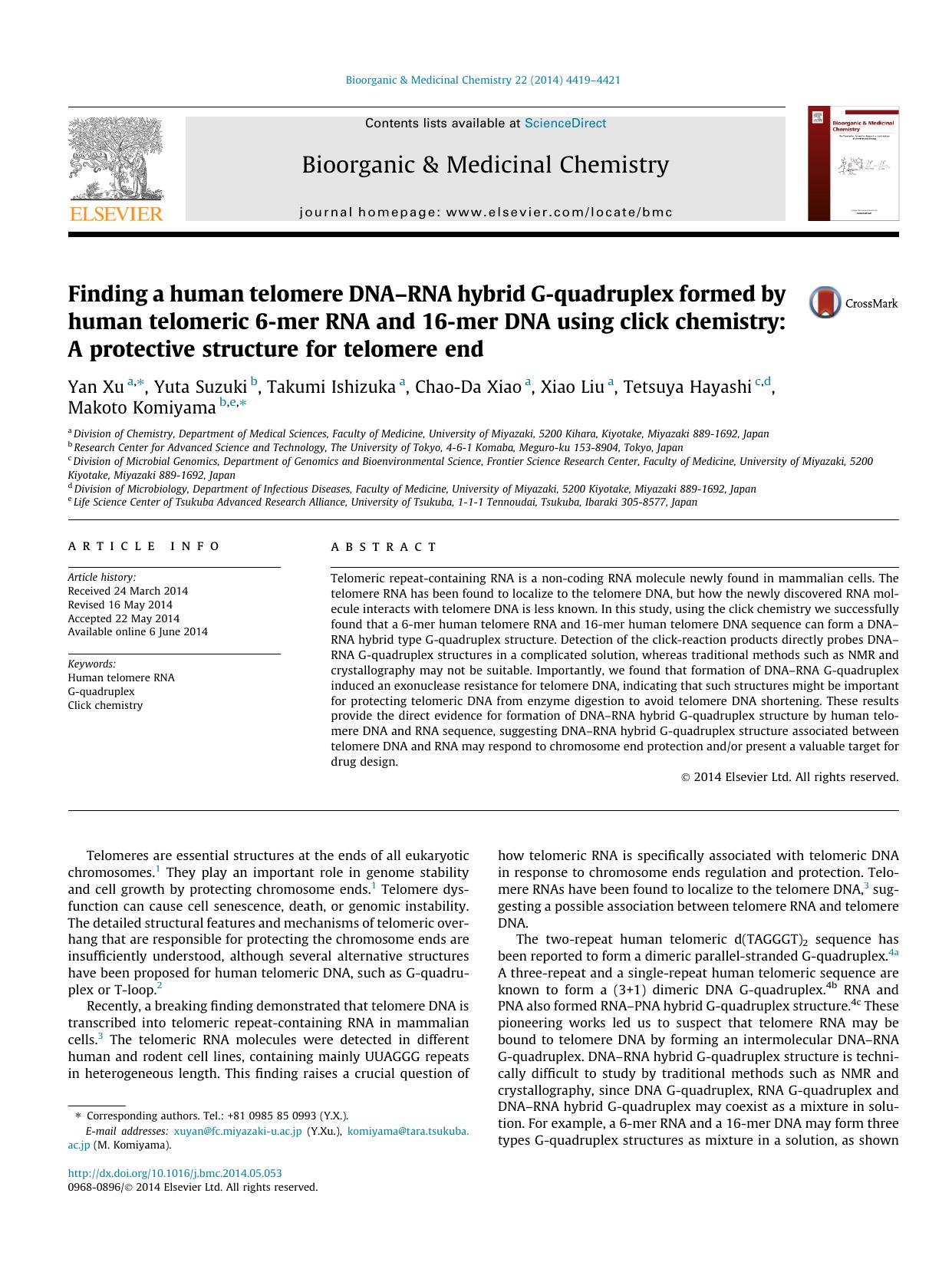 Finding a human telomere DNAÃ¢â¬âRNA hybrid G-quadruplex formed by human telomeric 6-mer RNA and 16-mer DNA using click chemistry: A protective structure for telomere end by Yan Xu & Yuta Suzuki & Takumi Ishizuka & Chao-Da Xiao & Xiao Liu & Tetsuya Hayashi & Makoto Komiyama