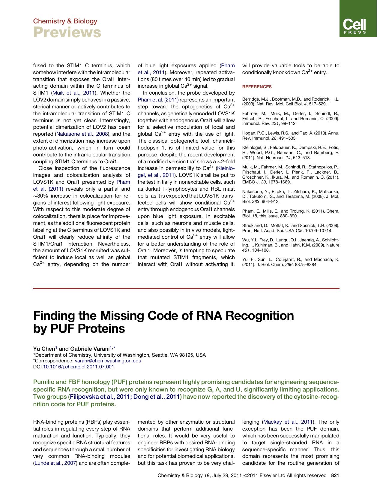 Finding the Missing Code of RNA Recognition by PUF Proteins by Yu Chen & Gabriele Varani