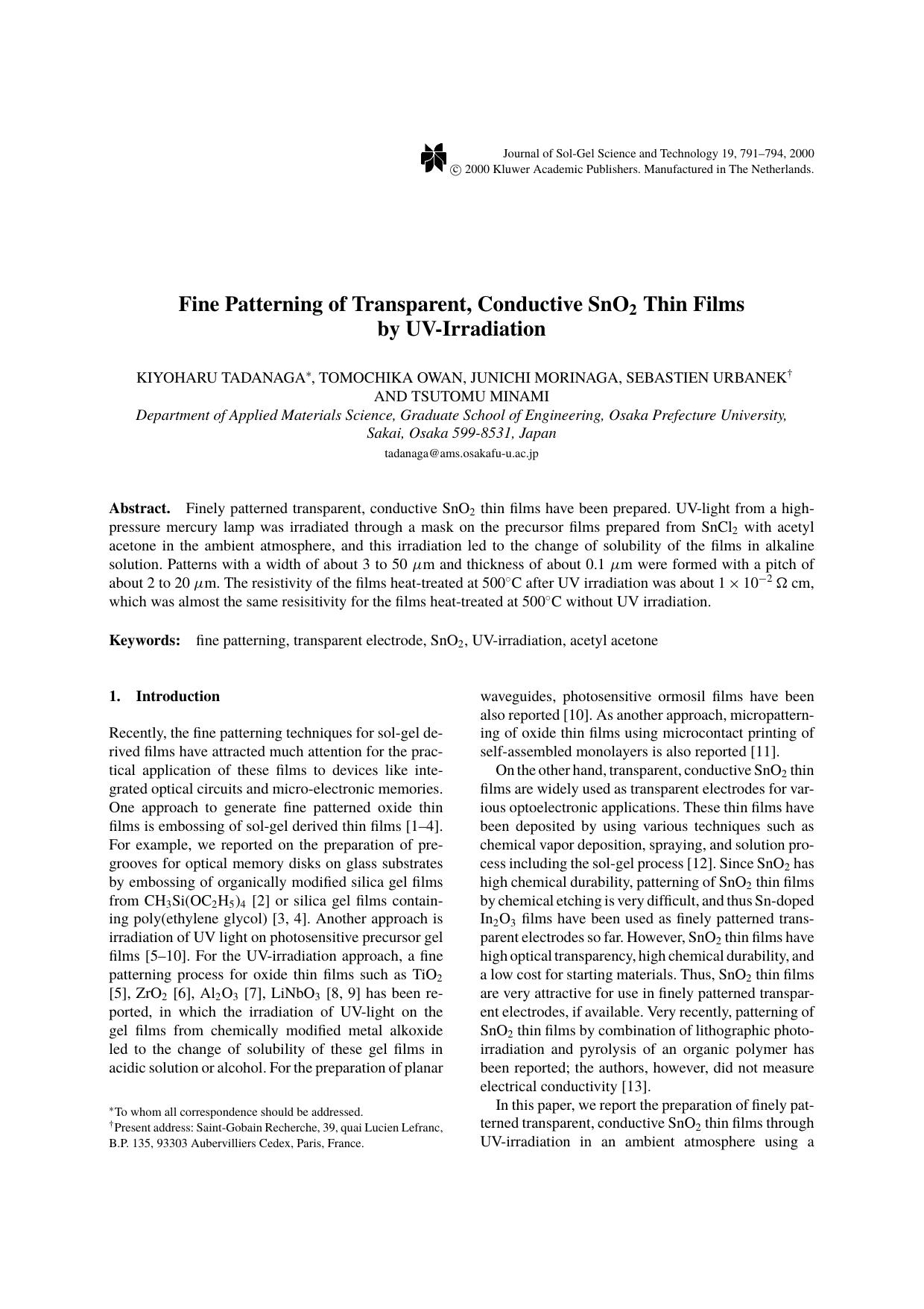 Fine Patterning of Transparent, Conductive SnO2 Thin Films by UV-Irradiation by Unknown