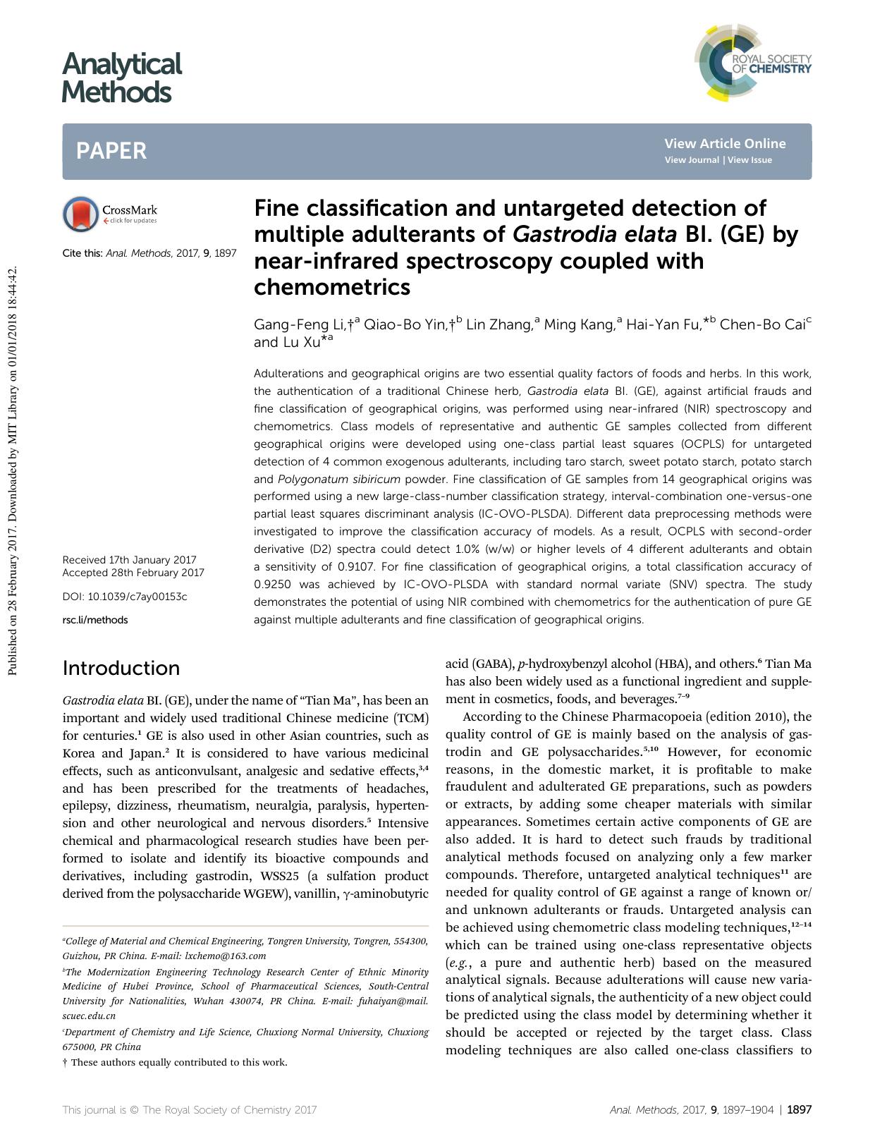 Fine classification and untargeted detection of multiple adulterants of Gastrodia elata BI. (GE) by near-infrared spectroscopy coupled with chemometrics by Gang-Feng Li & Qiao-Bo Yin & Lin Zhang & Ming Kang & Hai-Yan Fu & Chen-Bo Cai & Lu Xu