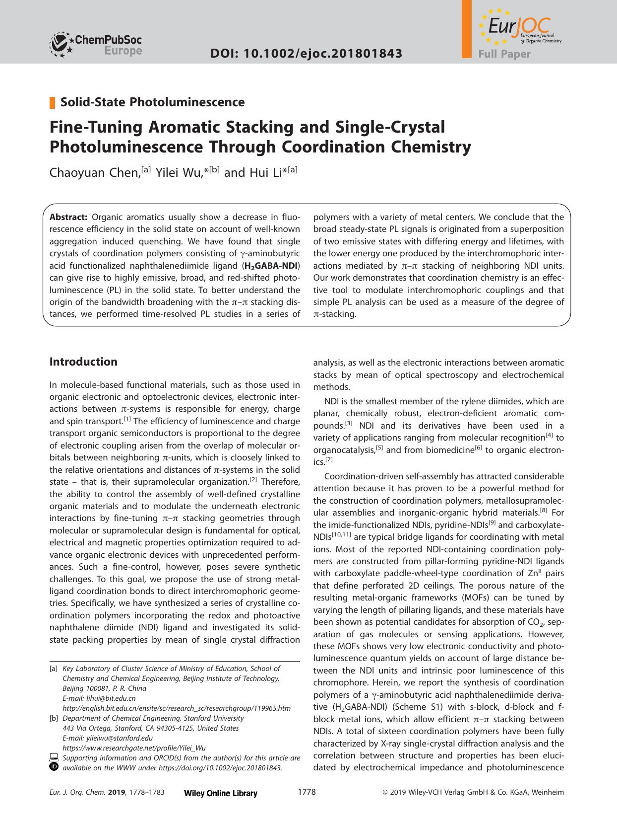 Fine&#x02010;Tuning Aromatic Stacking and Single&#x02010;Crystal Photoluminescence Through Coordination Chemistry by Unknown