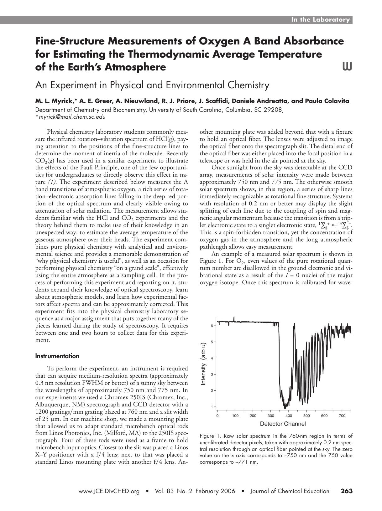 Fine-Structure Measurements of Oxygen A Band Absorbance for Estimating the Thermodynamic Average Temperature of the Earth's Atmosphere. An Experiment in Physical and Environmental Chemistry by unknow