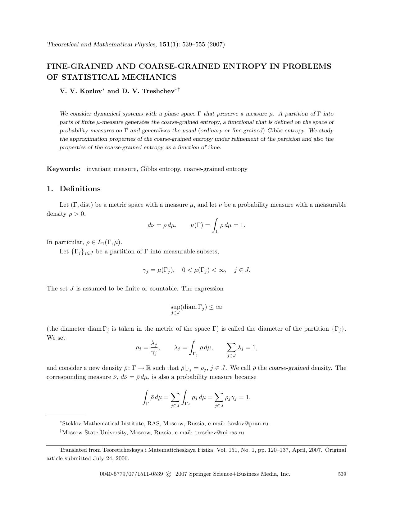 Fine-grained and coarse-grained entropy in problems of statistical mechanics by Unknown