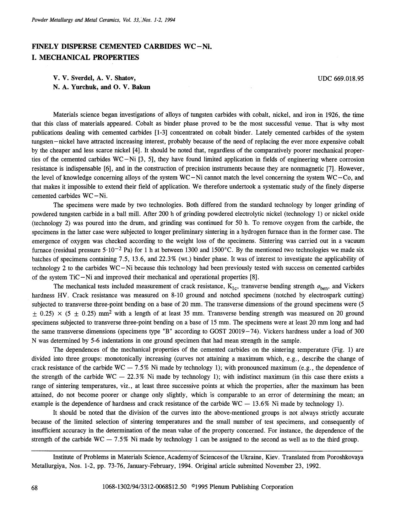 Finely disperse cemented carbides WC-Ni. I. Mechanical properties by Unknown