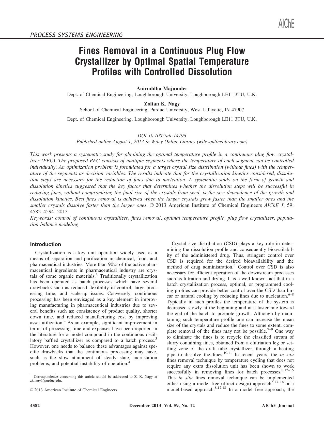 Fines removal in a continuous plug flow crystallizer by optimal spatial temperature profiles with controlled dissolution by Unknown