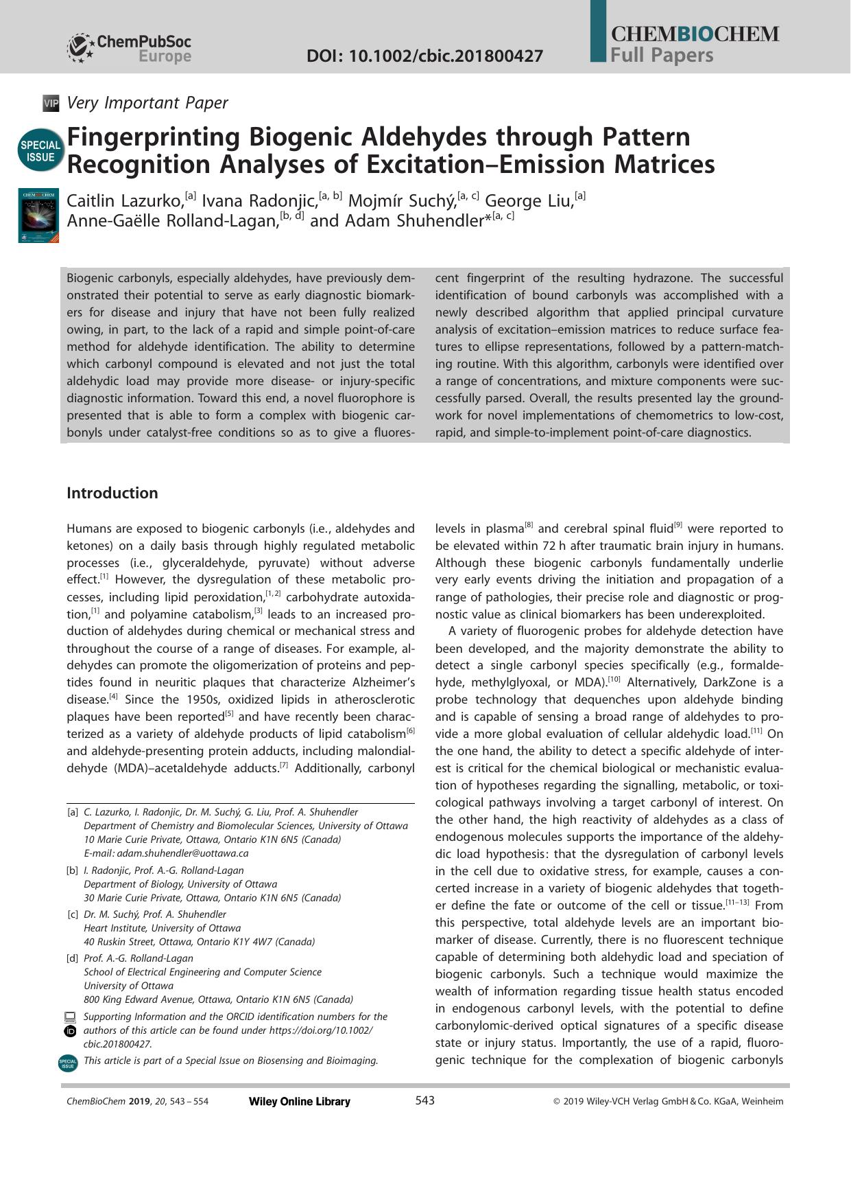 Fingerprinting Biogenic Aldehydes through Pattern Recognition Analyses of ExcitationâEmission Matrices by Unknown