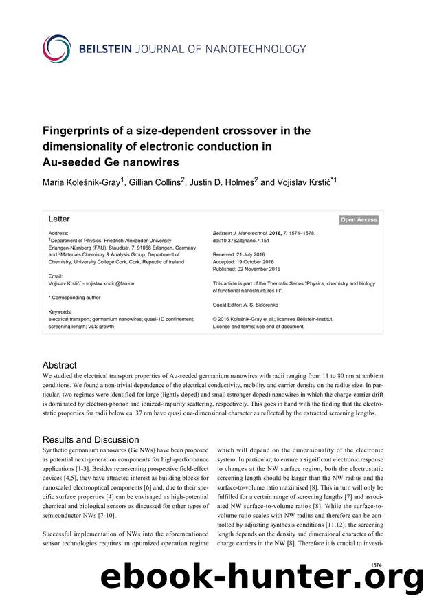 Fingerprints of a size-dependent crossover in the dimensionality of electronic conduction in Au-seeded Ge nanowires by Maria Koleśnik-Gray Gillian Collins Justin D. Holmes Vojislav Krstić