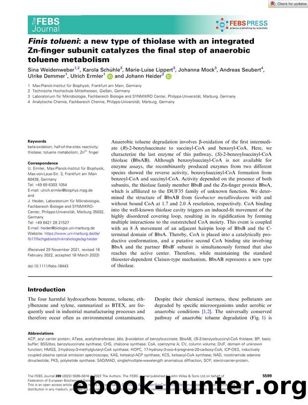 Finis tolueni: a new type of thiolase with an integrated Znâfinger subunit catalyzes the final step of anaerobic toluene metabolism by Unknown