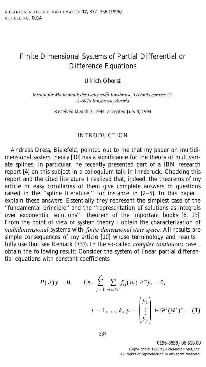 Finite Dimensional Systems of Partial Differential or Difference Equations by Oberst U