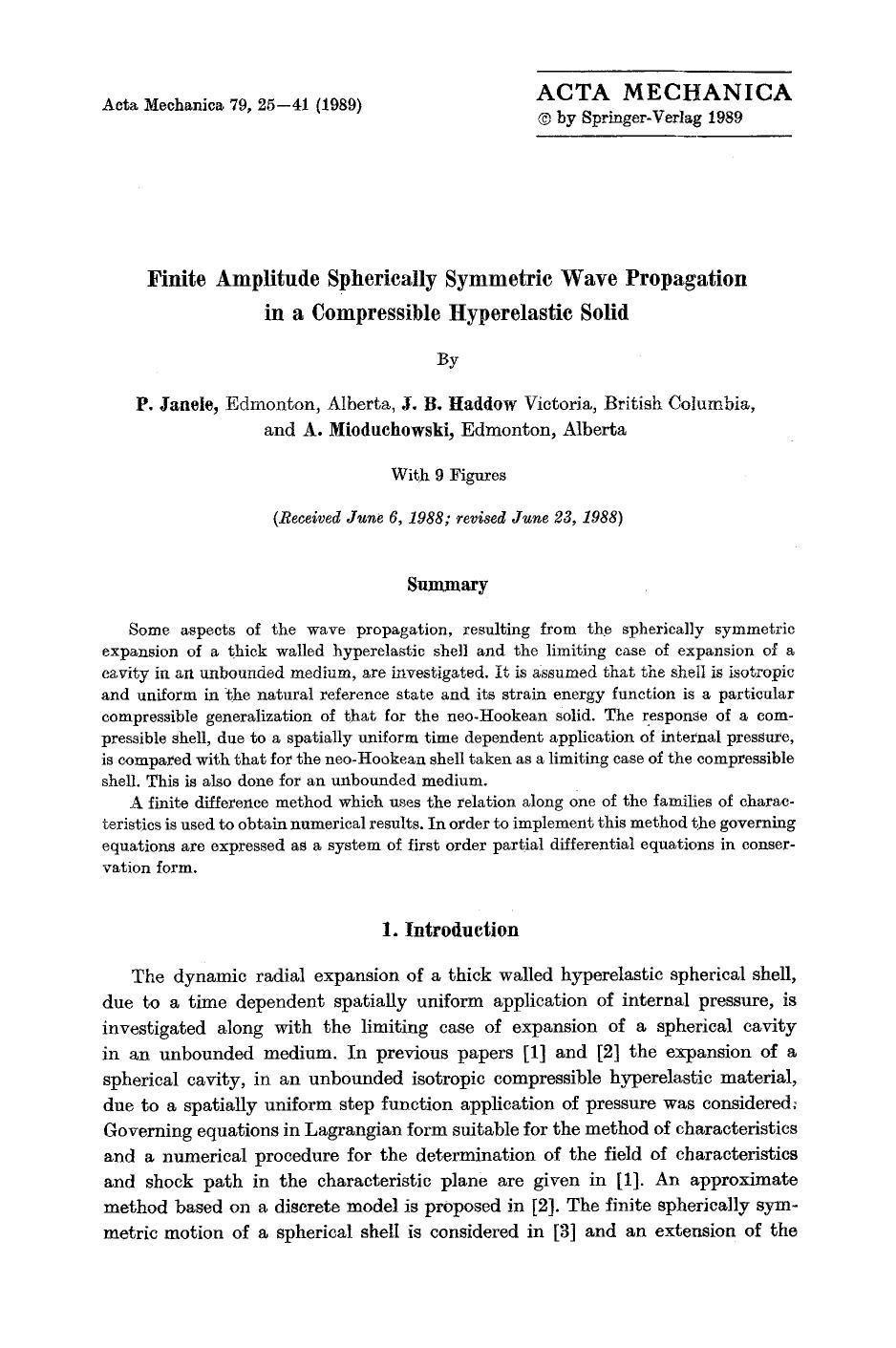 Finite amplitude spherically symmetric wave propagation in a compressible hyperelastic solid by Unknown