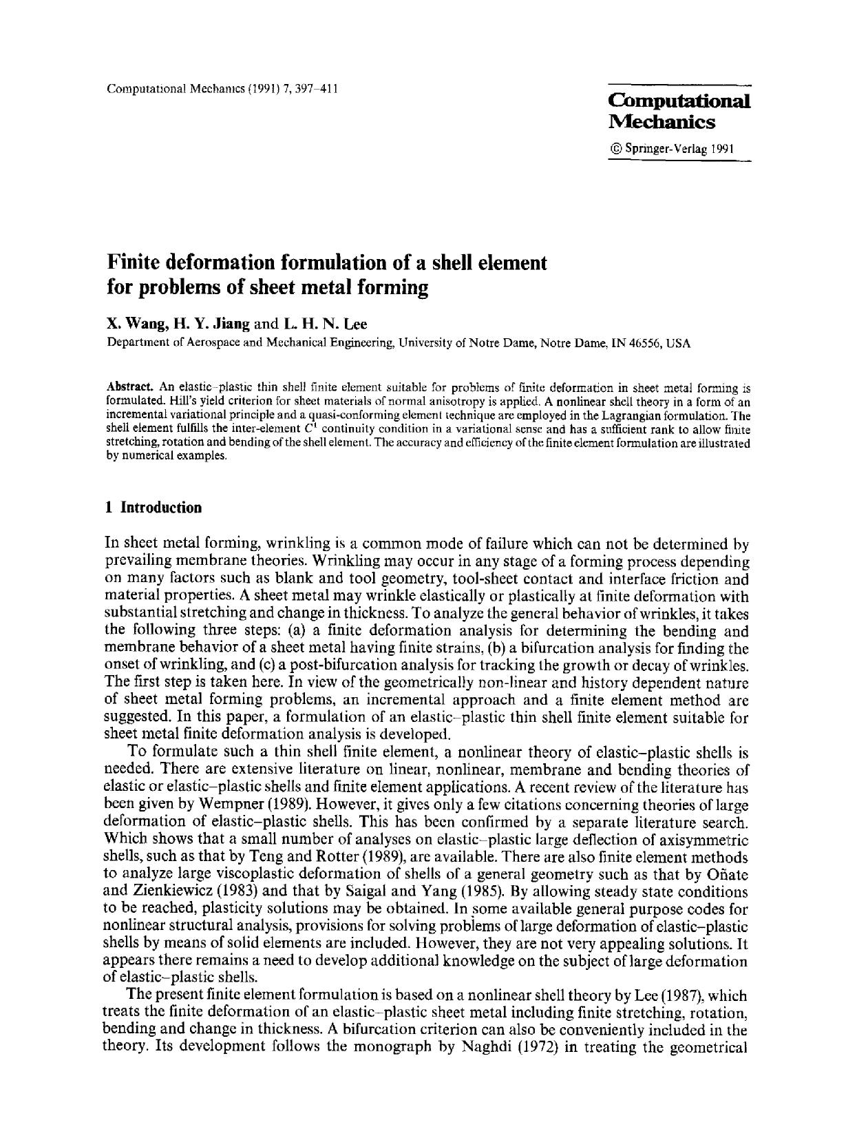 Finite deformation formulation of a shell element for problems of sheet metal forming by Unknown