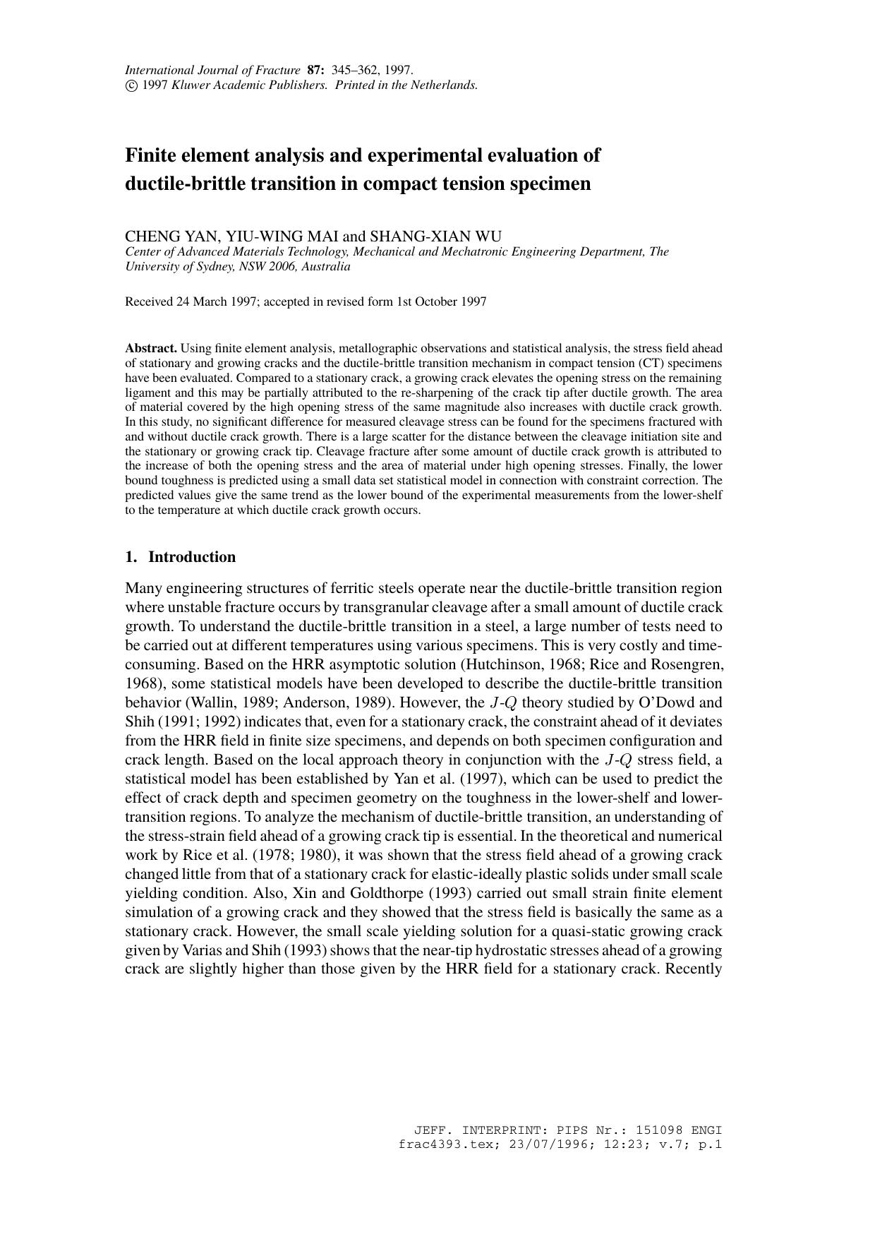Finite element analysis and experimental evaluation of ductile-brittle transition in compact tension specimen by Unknown