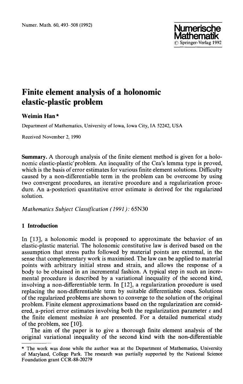 Finite element analysis of a holonomic elastic-plastic problem by Unknown