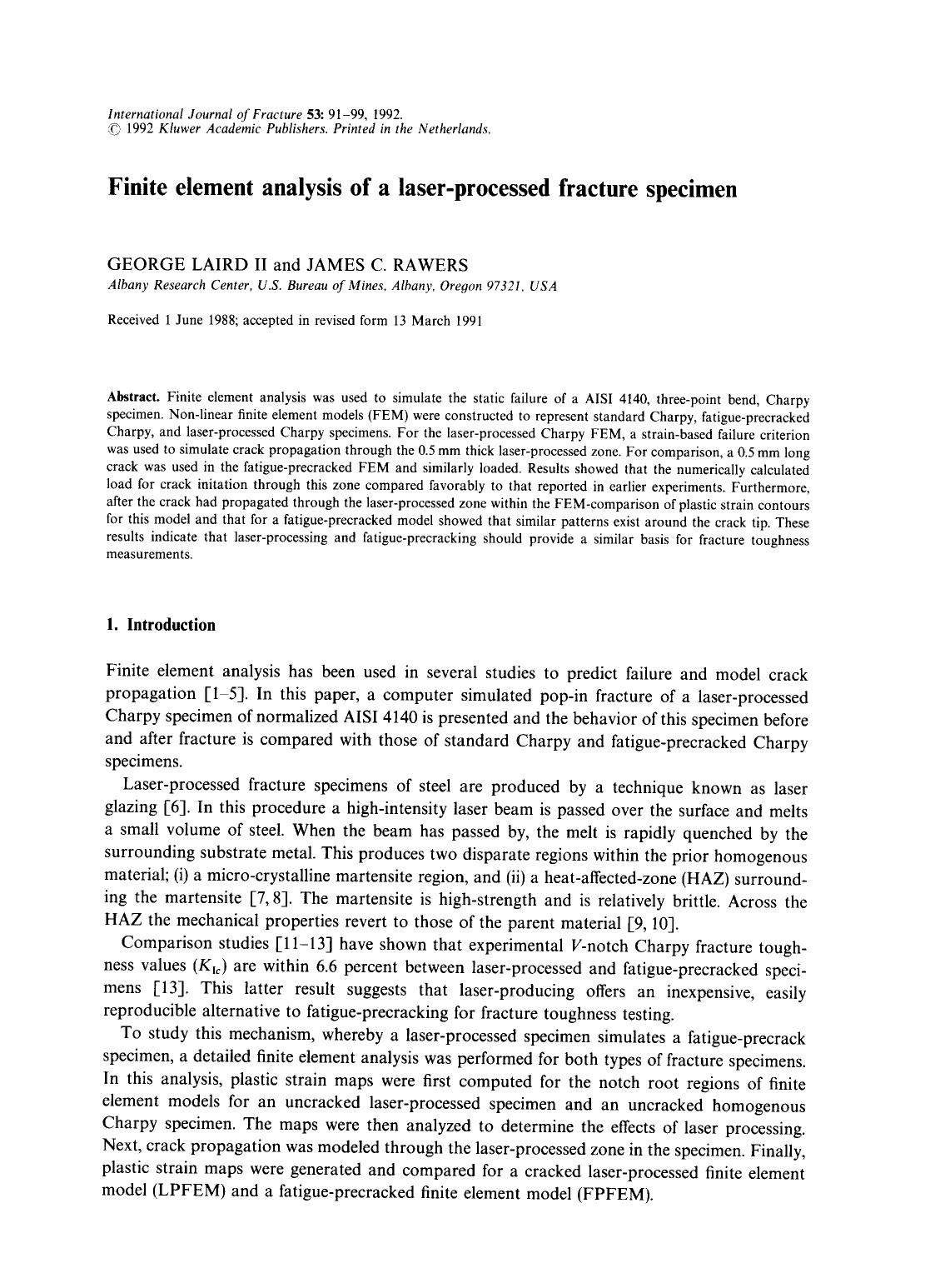 Finite element analysis of a laser-processed fracture specimen by Unknown
