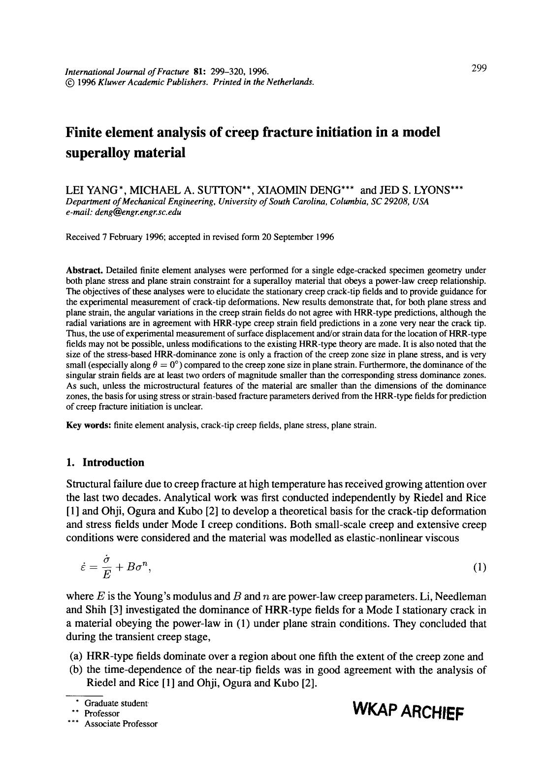 Finite element analysis of creep fracture initiation in a model superalloy material by Unknown