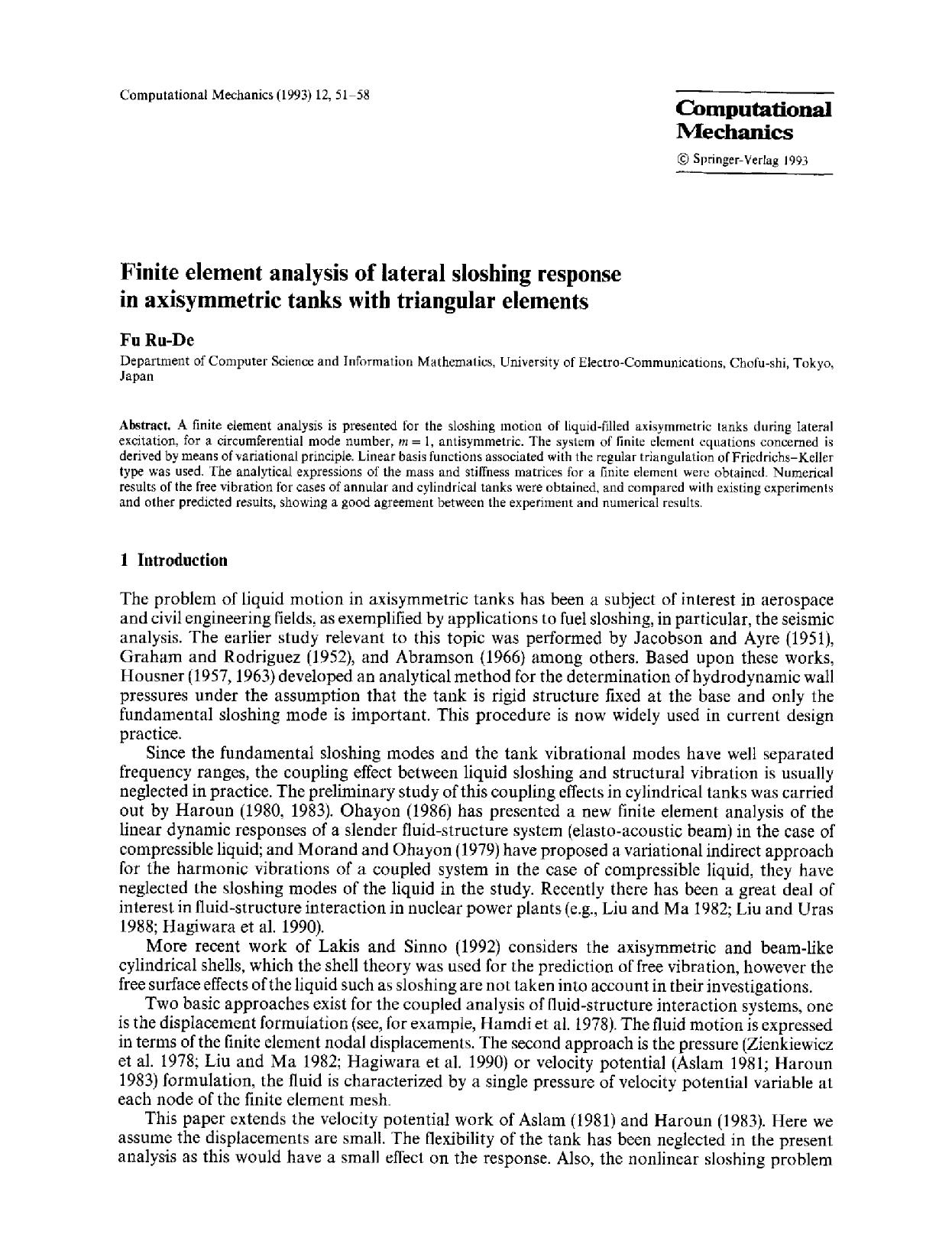 Finite element analysis of lateral sloshing response in axisymmetric tanks with triangular elements by Unknown