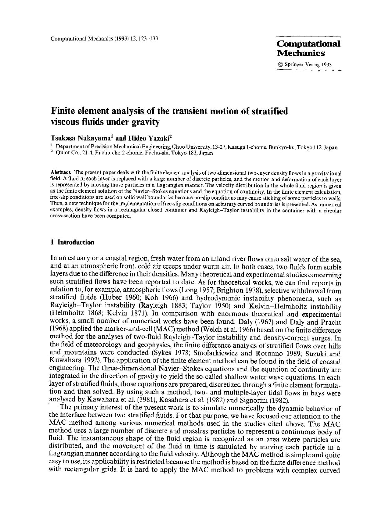 Finite element analysis of the transient motion of stratified viscous fluids under gravity by Unknown