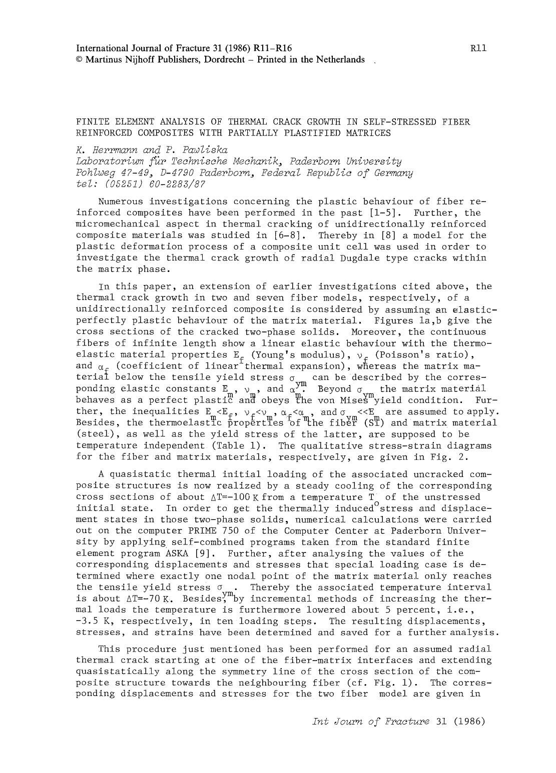 Finite element analysis of thermal crack growth in self-stressed fiber reinforced composites with partially plastified matrices by Unknown