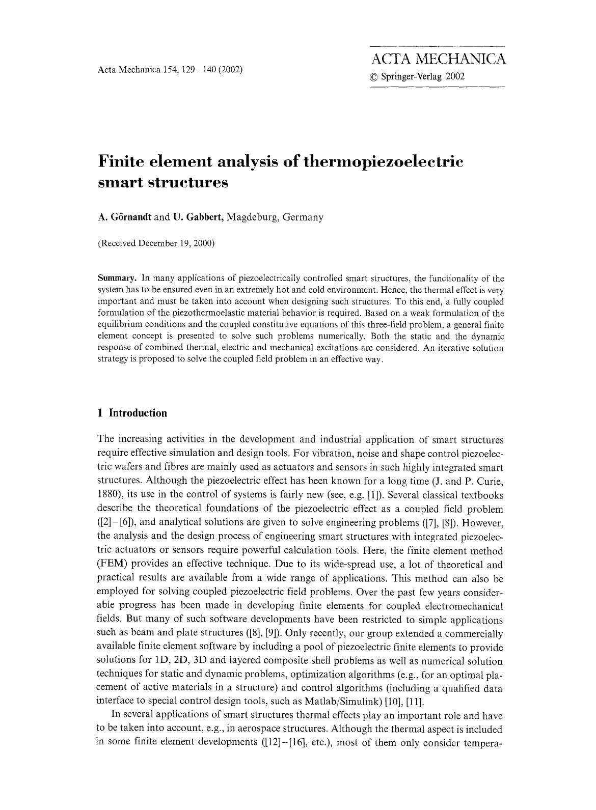 Finite element analysis of thermopiezoelectric smart structures by Unknown