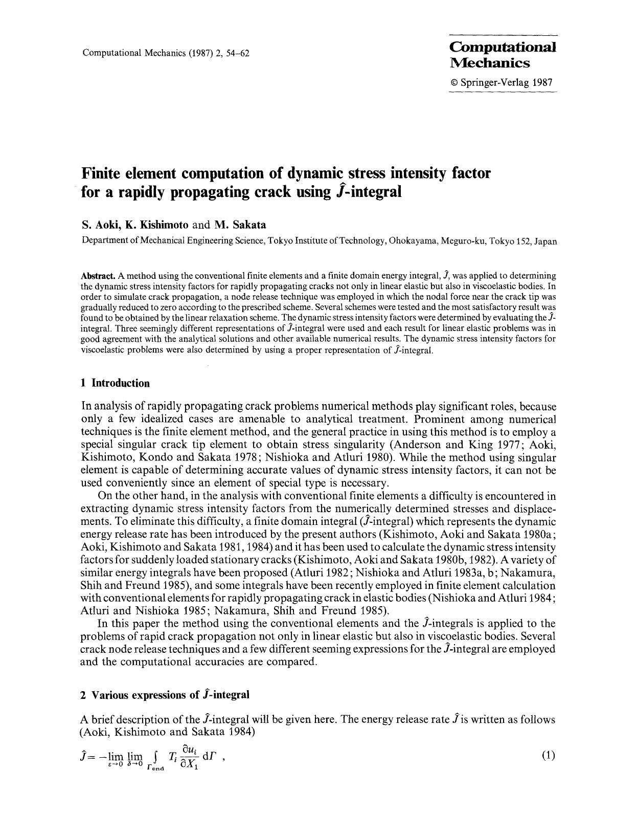Finite element computation of dynamic stress intensity factor for a rapidly propagating crack using <Emphasis Type="Italic">&#x0134;<Emphasis>-integral by Unknown