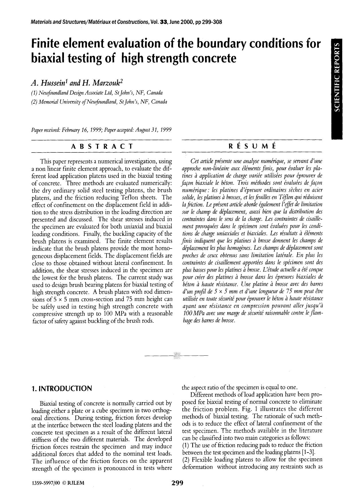 Finite element evaluation of the boundary conditions for biaxial testing of high strength concrete by Unknown